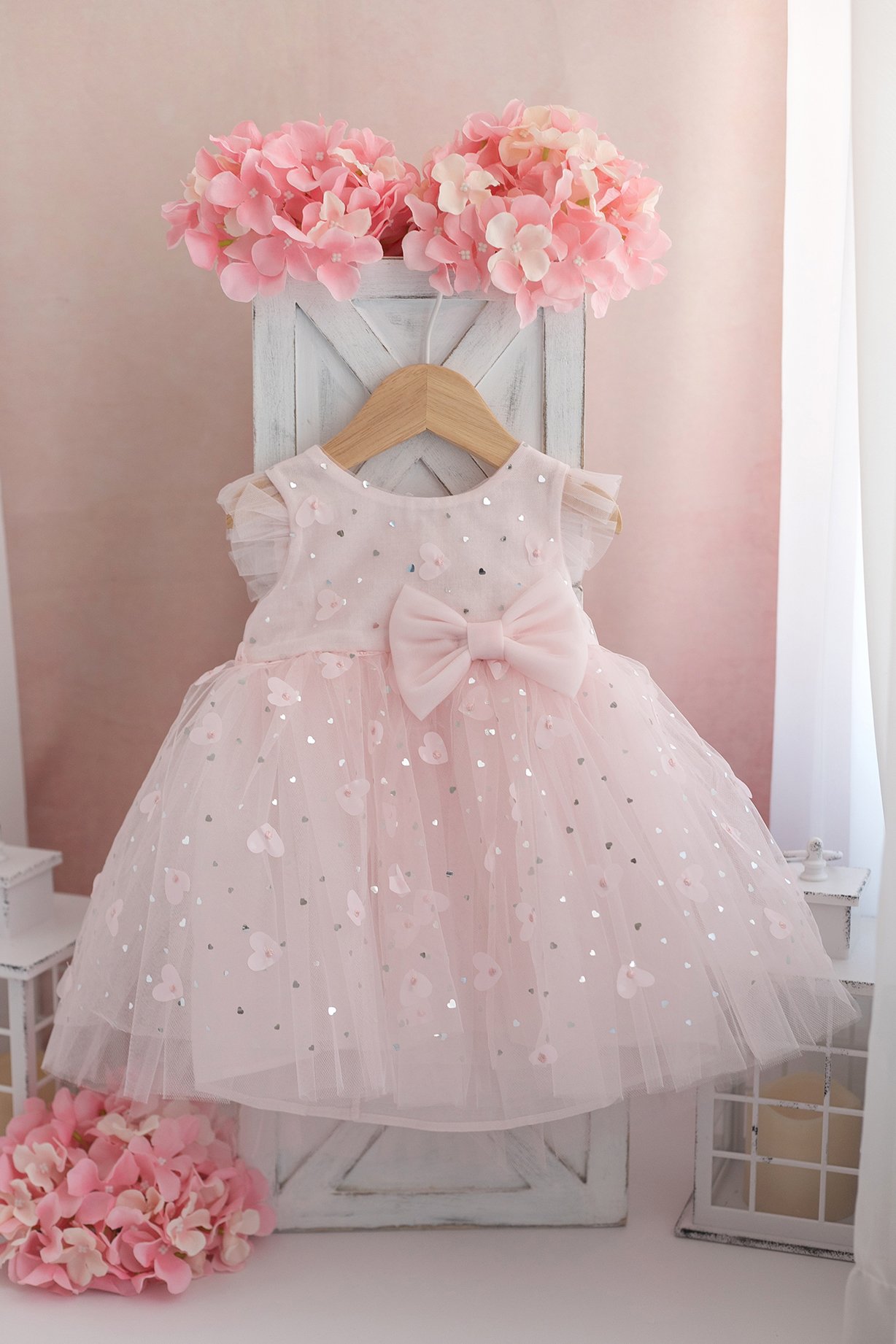 🎀 Shinny Pembe Tüllü Kalpli Kız Bebek Elbise Takımı (Varak Baskılı & Saç Bantlı) 🎀