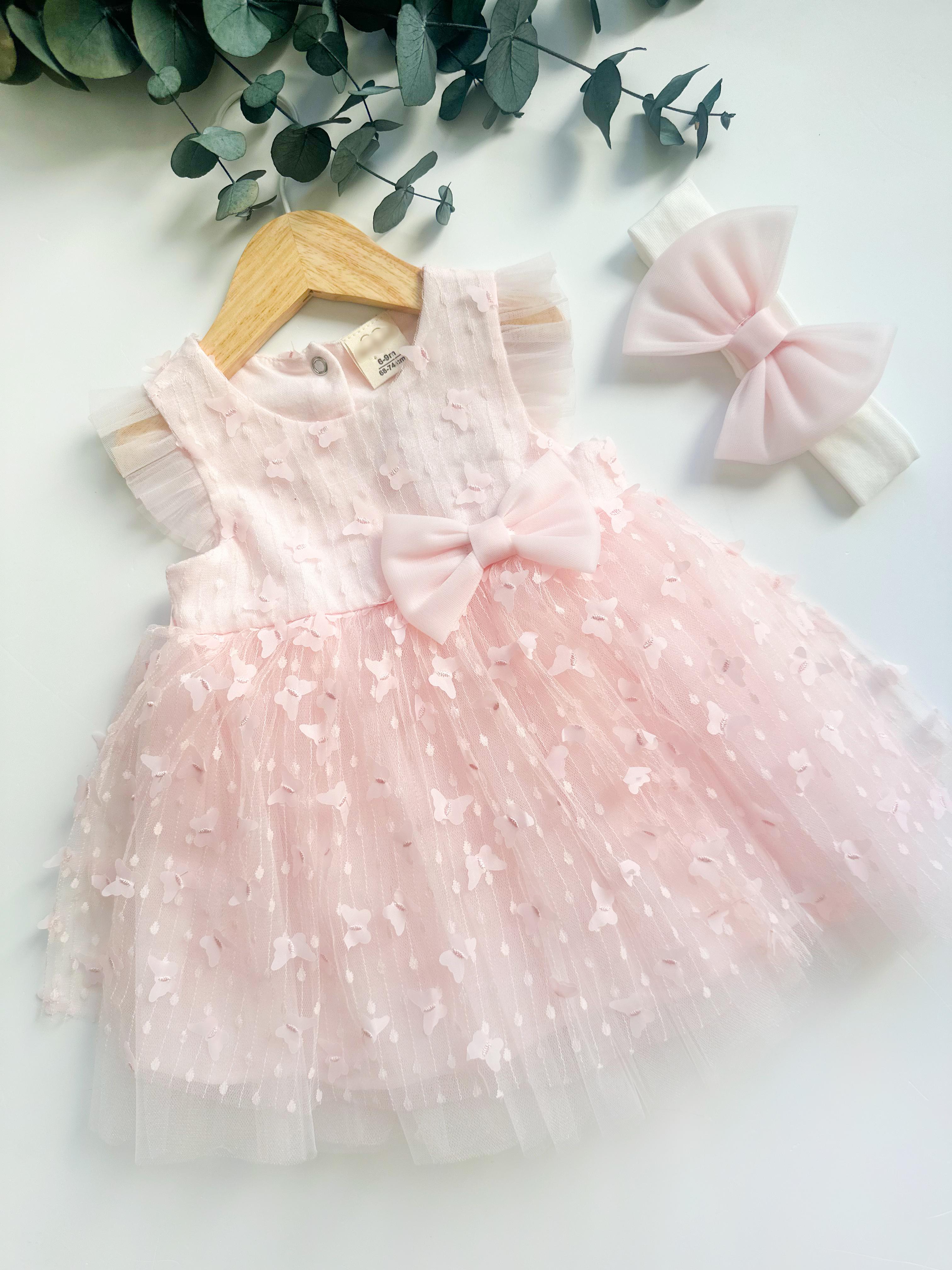 Pembe 3D Kelebek Desenli Tül Kız Bebek Elbisesi ve Bandana – %100 Pamuk Astar