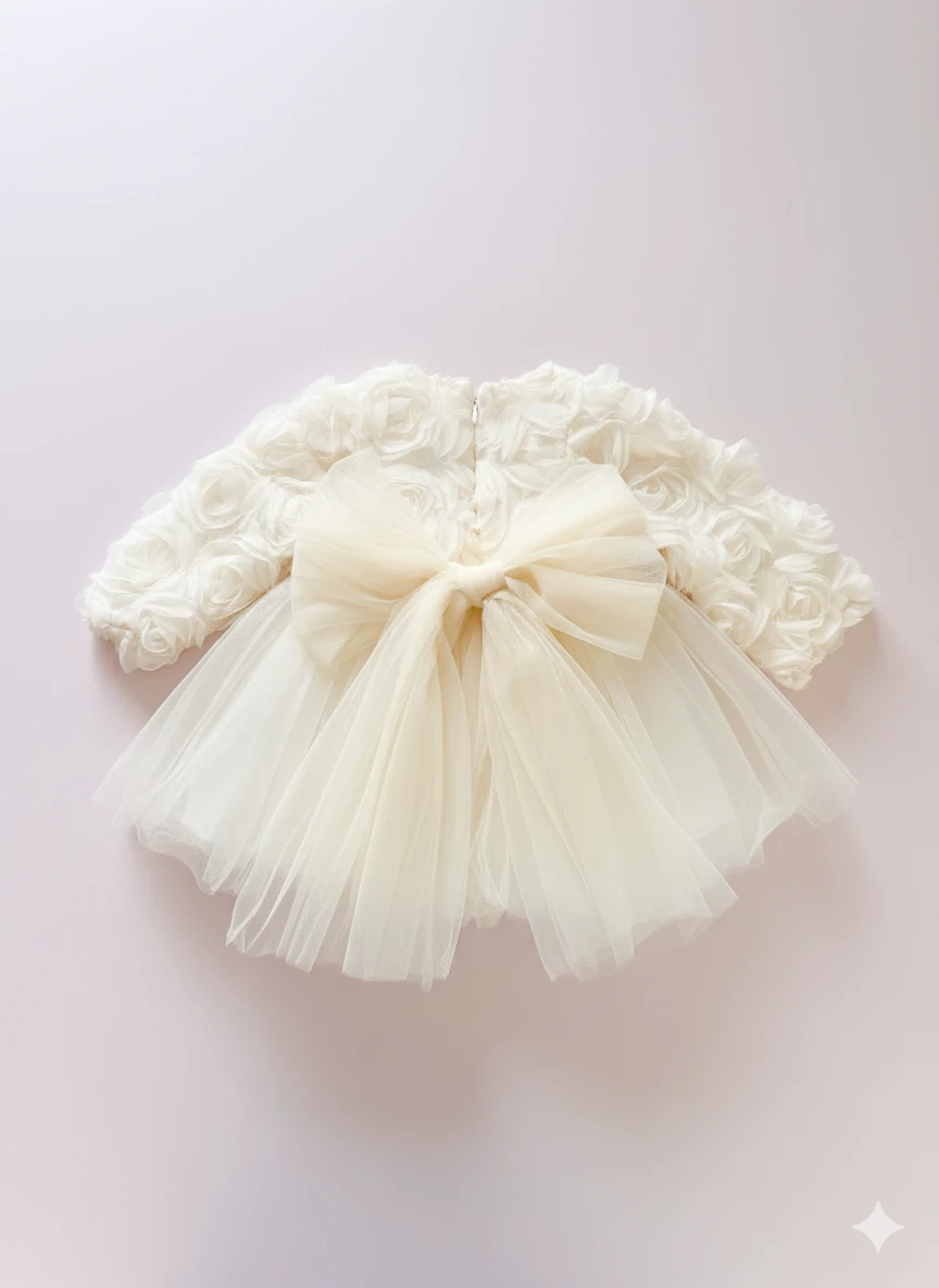 3 Boyutlu Gül Desenli Ekru Kız Bebek Elbisesi