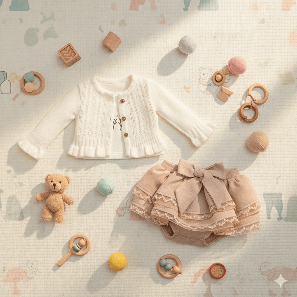 Kız Bebek 3’lü Set  Ajurlu Triko Hırka + Kolsuz Nakışlı T-Shirt + Dantel Kenarlı Kat Kat Şort-Etek (Fiyonk Detaylı)