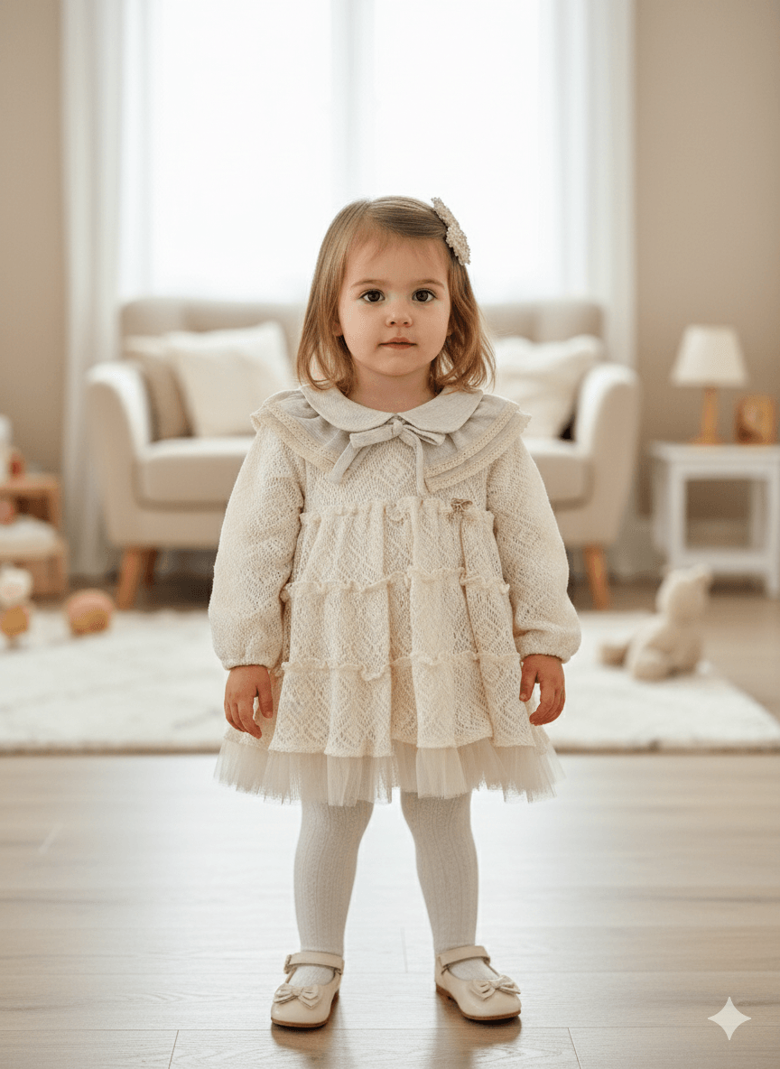 Uzun Kollu Kız Bebek Dantel Elbise Tül ve Bebe Yaka 
