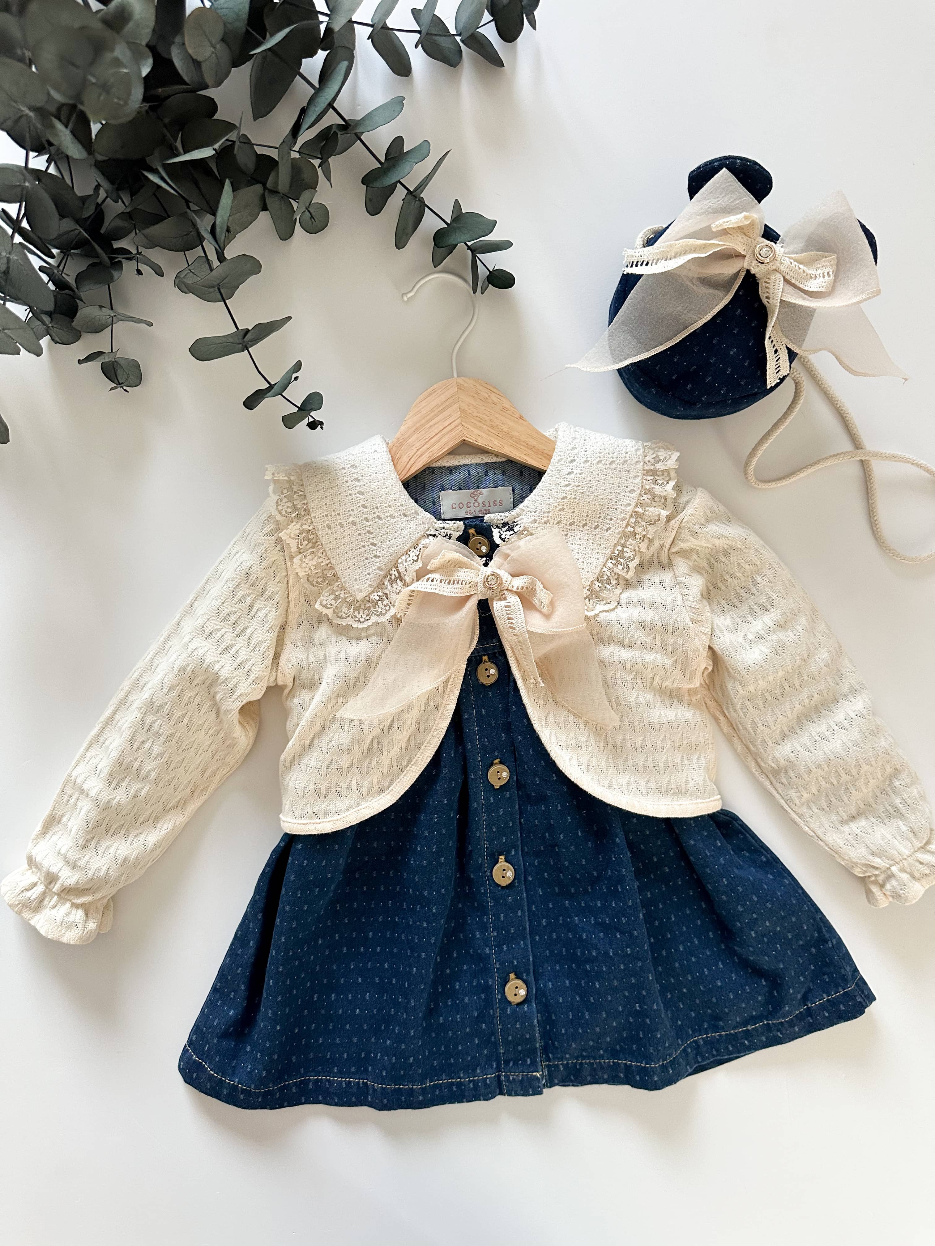 Kız Çocuk Denim Elbise & Hırka Takımı – Çanta Hediyeli (1-5 Yaş)