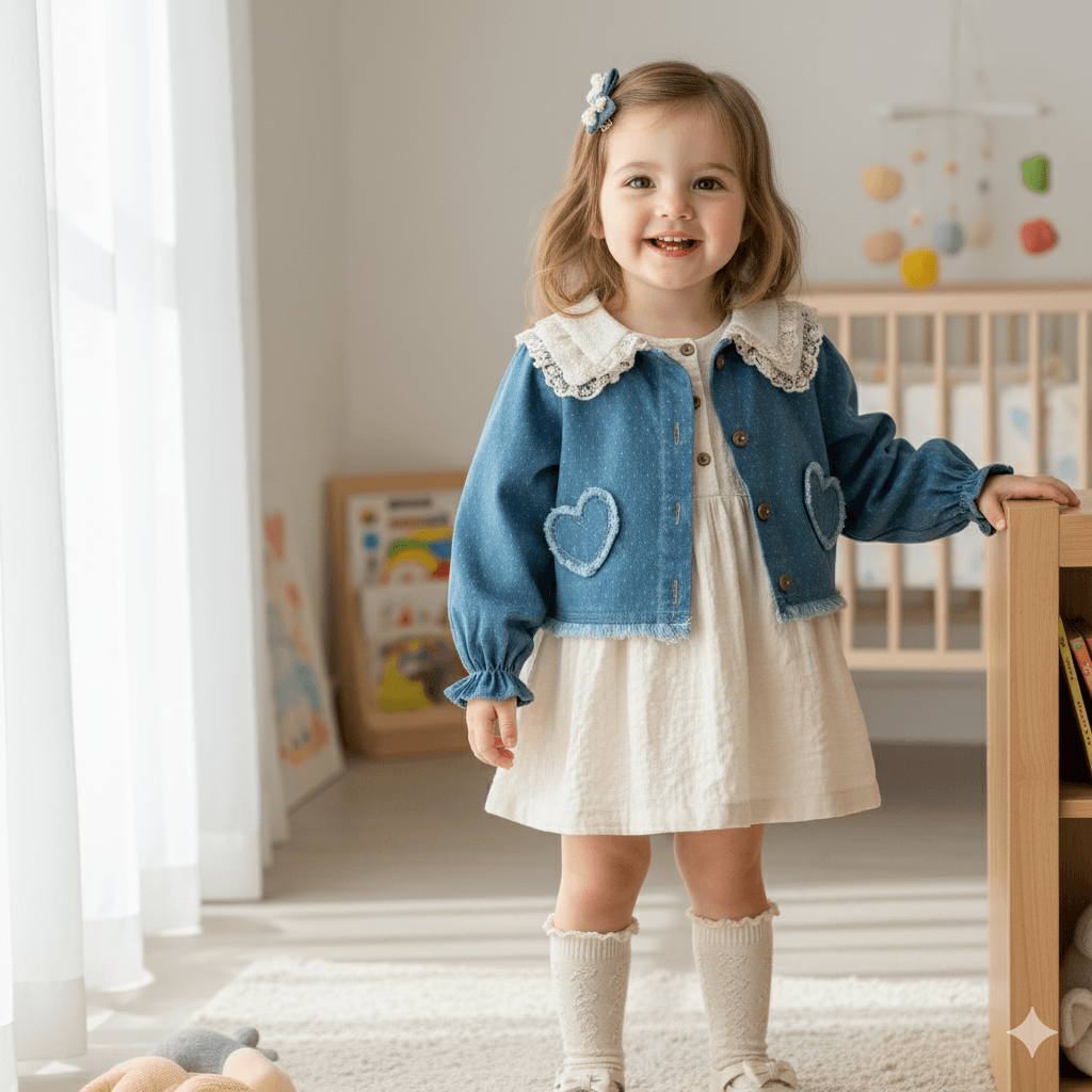 Kız Çocuk Denim Ceket Detaylı Elbise – Dantel Yaka ve Kalp Cep Tasarımlı (1-5 Yaş)
