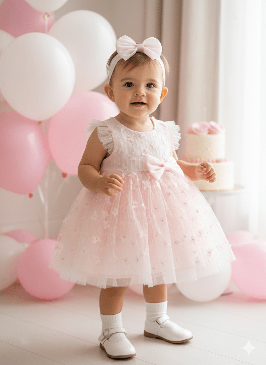 Pembe 3D Kelebek Desenli Tül Kız Bebek Elbisesi ve Bandana – %100 Pamuk Astar