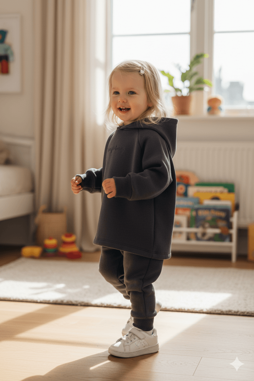Kız Çocuk Antrasit Şardonlu Kapüşonlu Sweatshirt & Jogger Pantolon İkili Takım (1-6 Yaş)