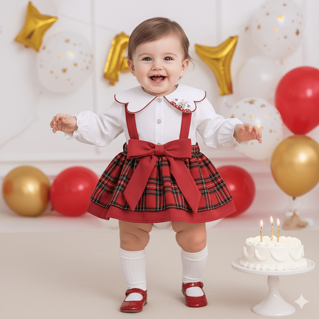Kız Bebek Kırmızı Ekose Etek - Beyaz Gömlek Nakış Detaylı Yaka-İkili Takım 6-24 Ay