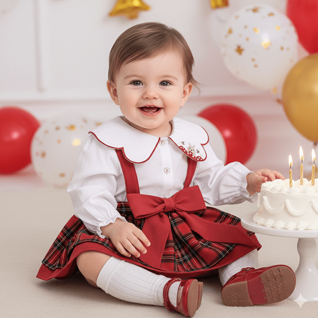 Kız Bebek Kırmızı Ekose Etek - Beyaz Gömlek Nakış Detaylı Yaka-İkili Takım 6-24 Ay
