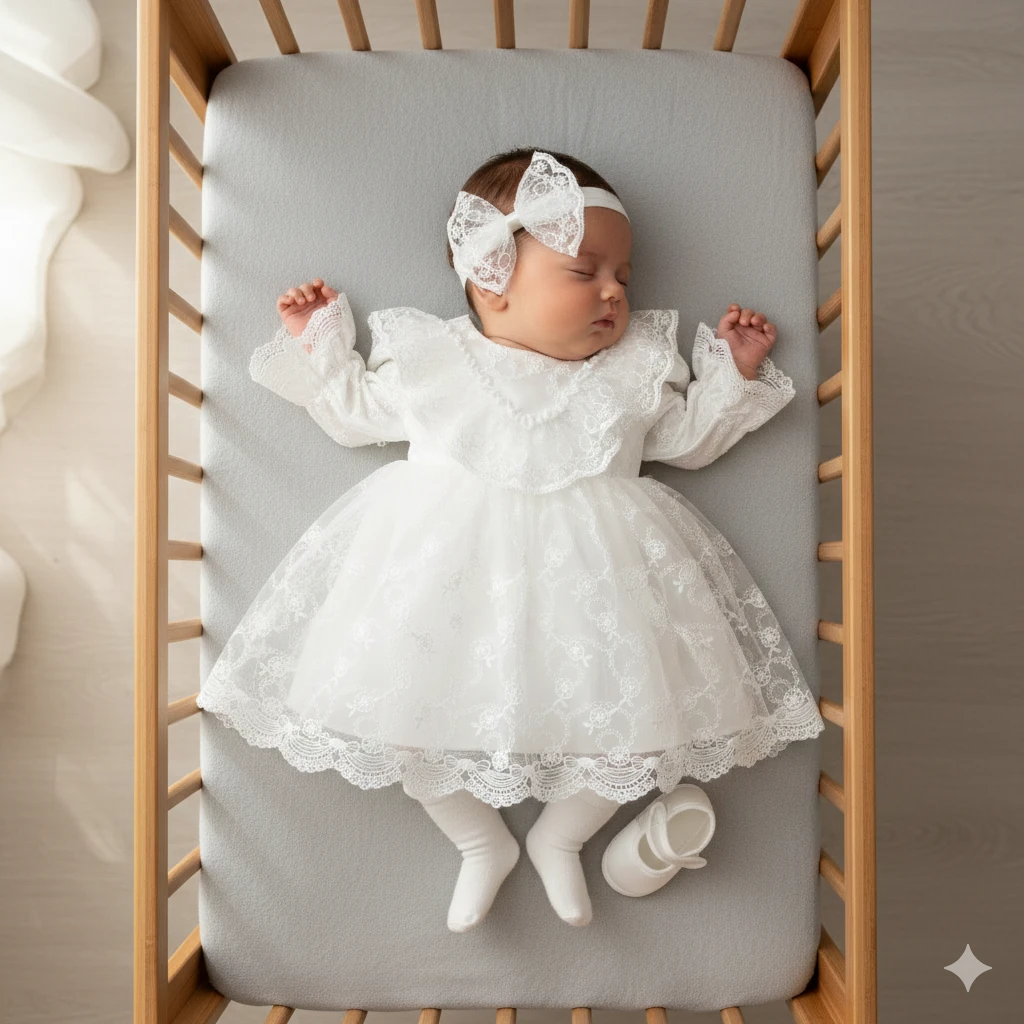 Kız Bebek Beyaz Dantel Mevlüt Seti 0-3 Ay & 3-6 Ay | Toka + Patik + Çorap 4’lü Set | Özel Gün – Fotoğraf Çekimi