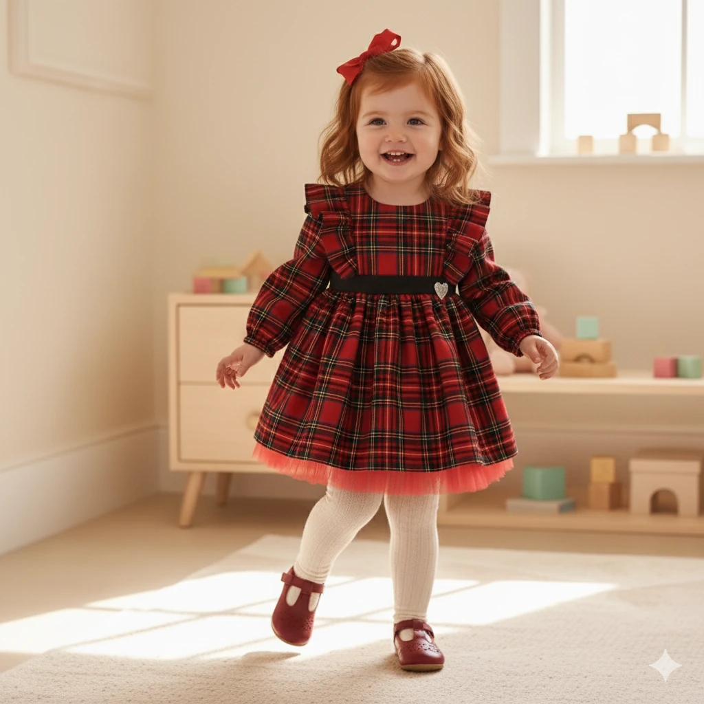 Ekose Desen Tütülü Fiyonk Detaylı Elbise