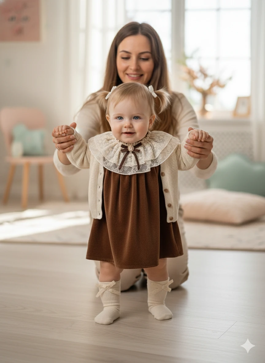 Kadife Elbise, Ajurlu Hırka ve Fiyonklu Çoraptan Oluşan 3’lü Bebek Kız Kombin Seti -3-6 Ay – Kutulu Özel Paket