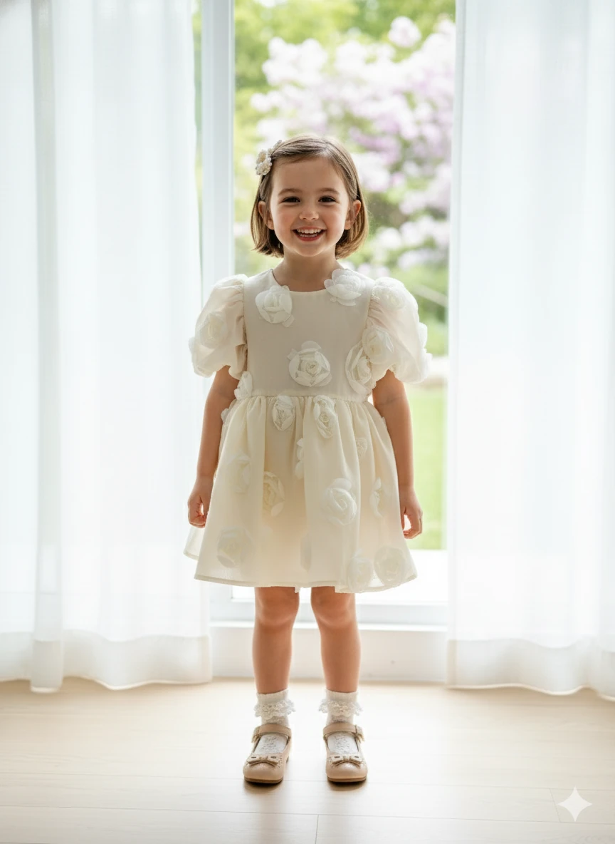 Celine 3D Çiçek Detaylı, Özel Gün Kız Bebek Elbisesi