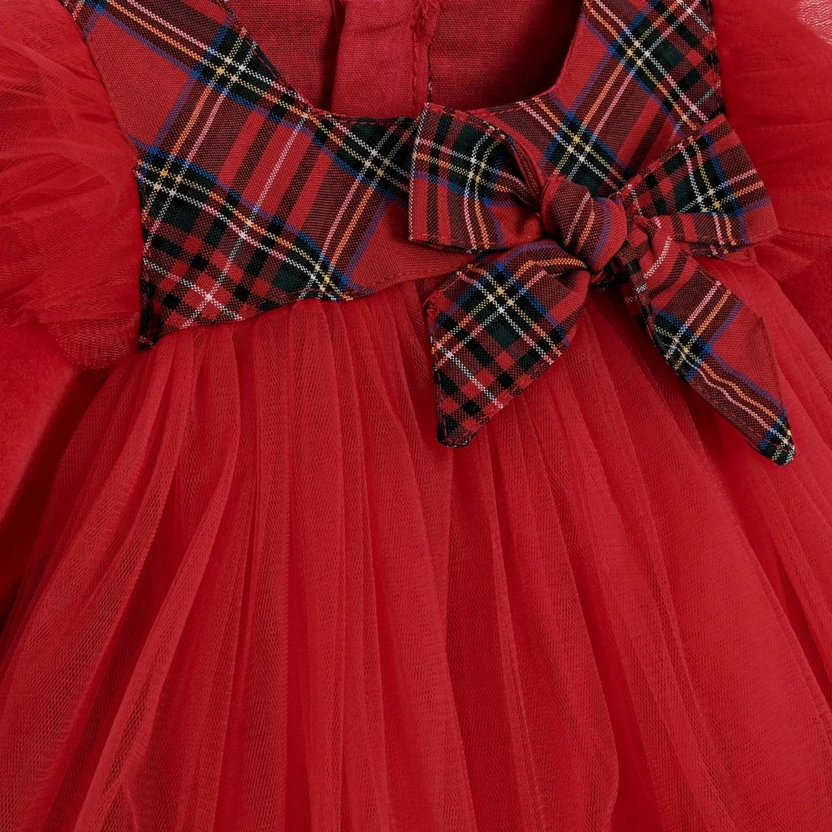 Scarlett Kırmızı Tüllü Ekose Detaylı Elbise