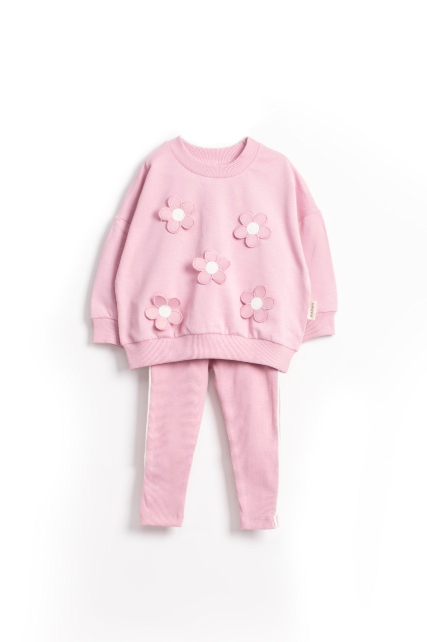 Kız Çocuk Pembe Çiçek Aplikeli Sweat & Tayt İkili Takım (1-6 Yaş)