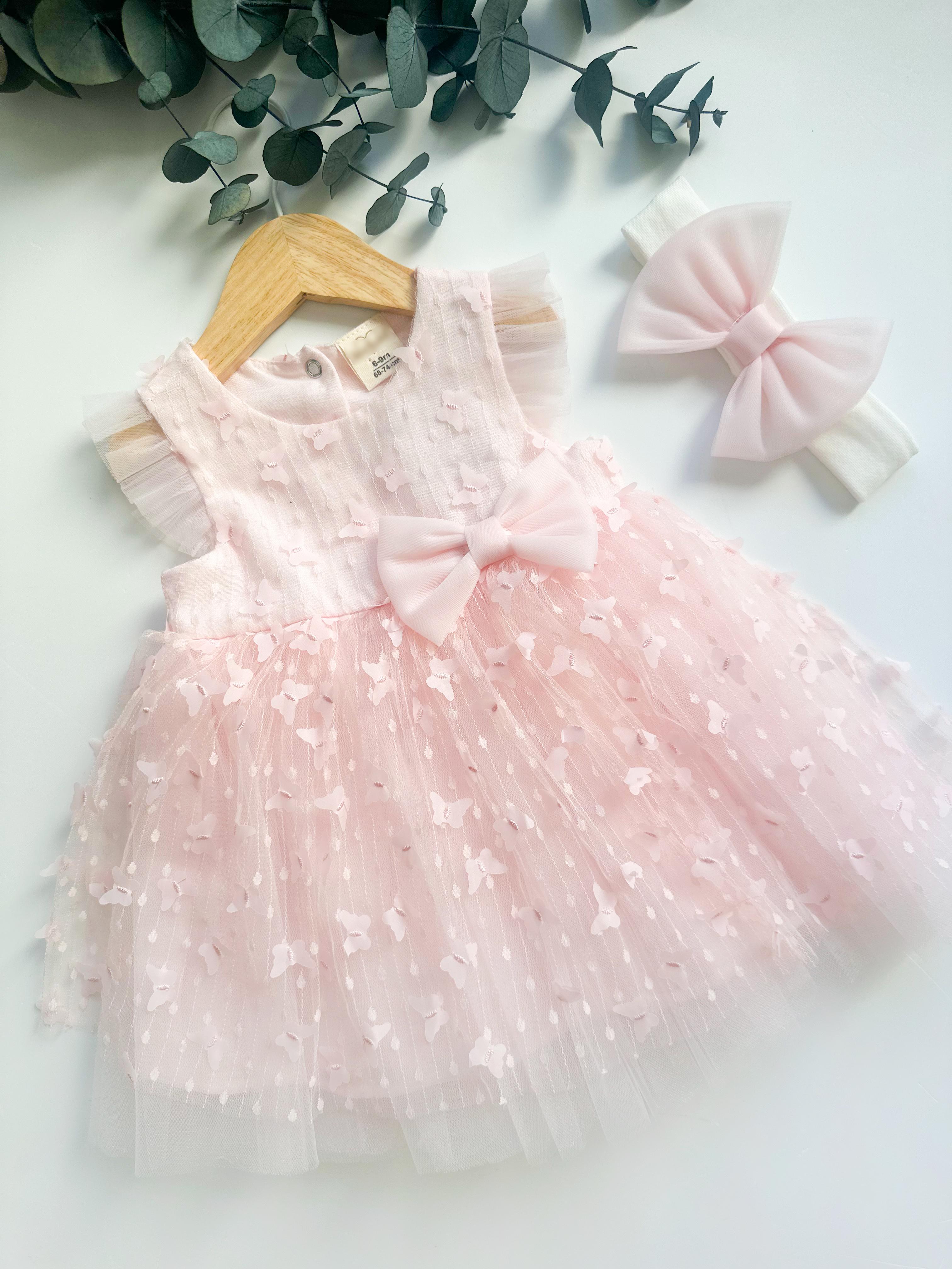 Pembe 3D Kelebek Desenli Tül Kız Bebek Elbisesi ve Bandana – %100 Pamuk Astar