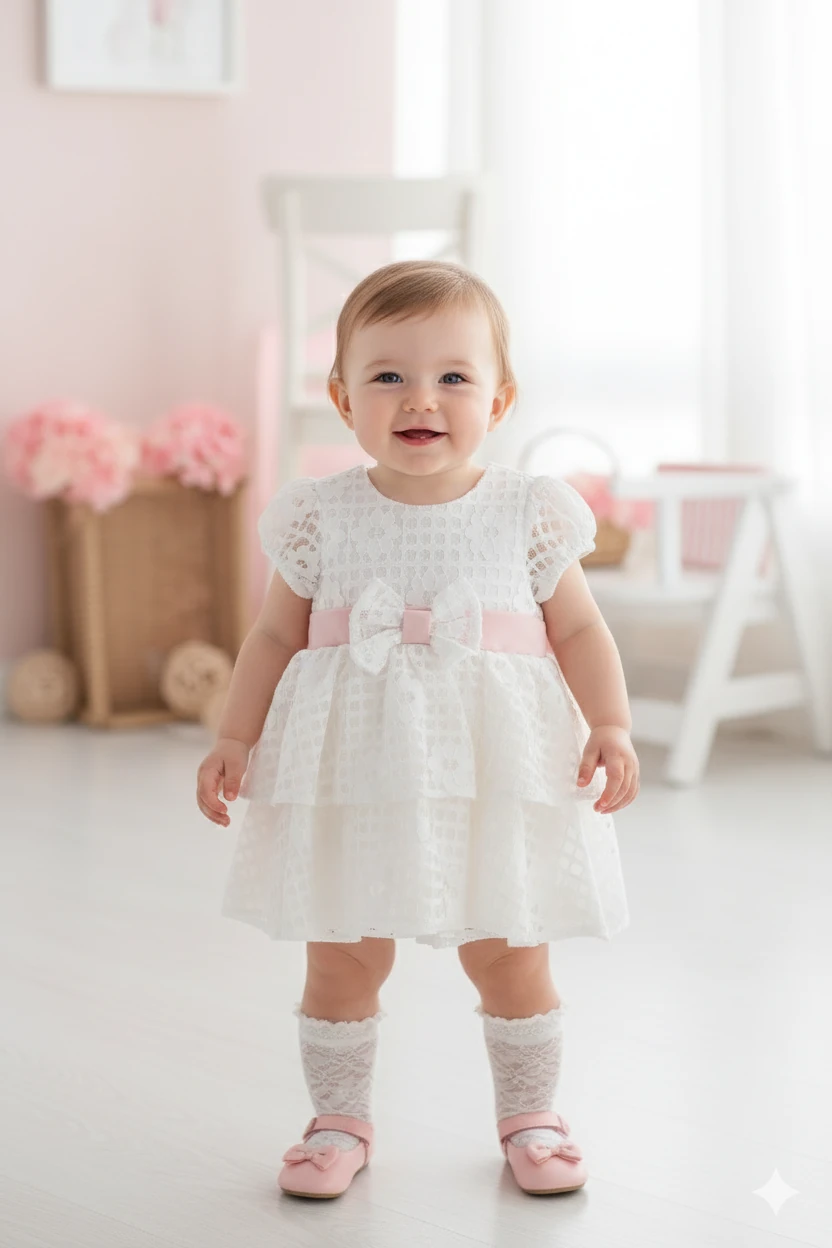 Perla - Beyaz Dantel Kız Bebek Elbisesi – Pembe Kurdele Detaylı Özel Gün Elbisesi
