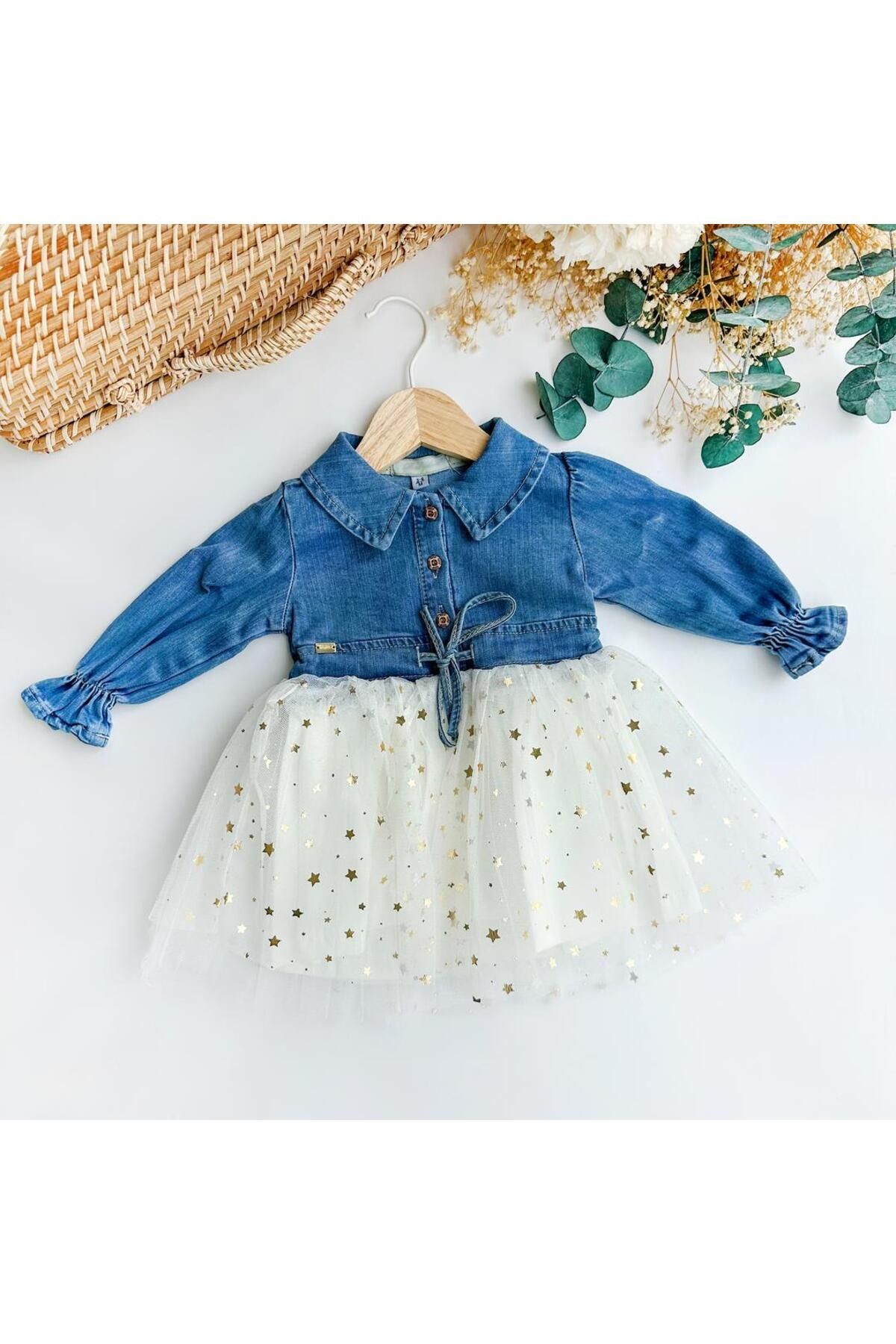 Üstü Denim, Altı Yıldızlı Tüllü Kız Bebek Elbisesi