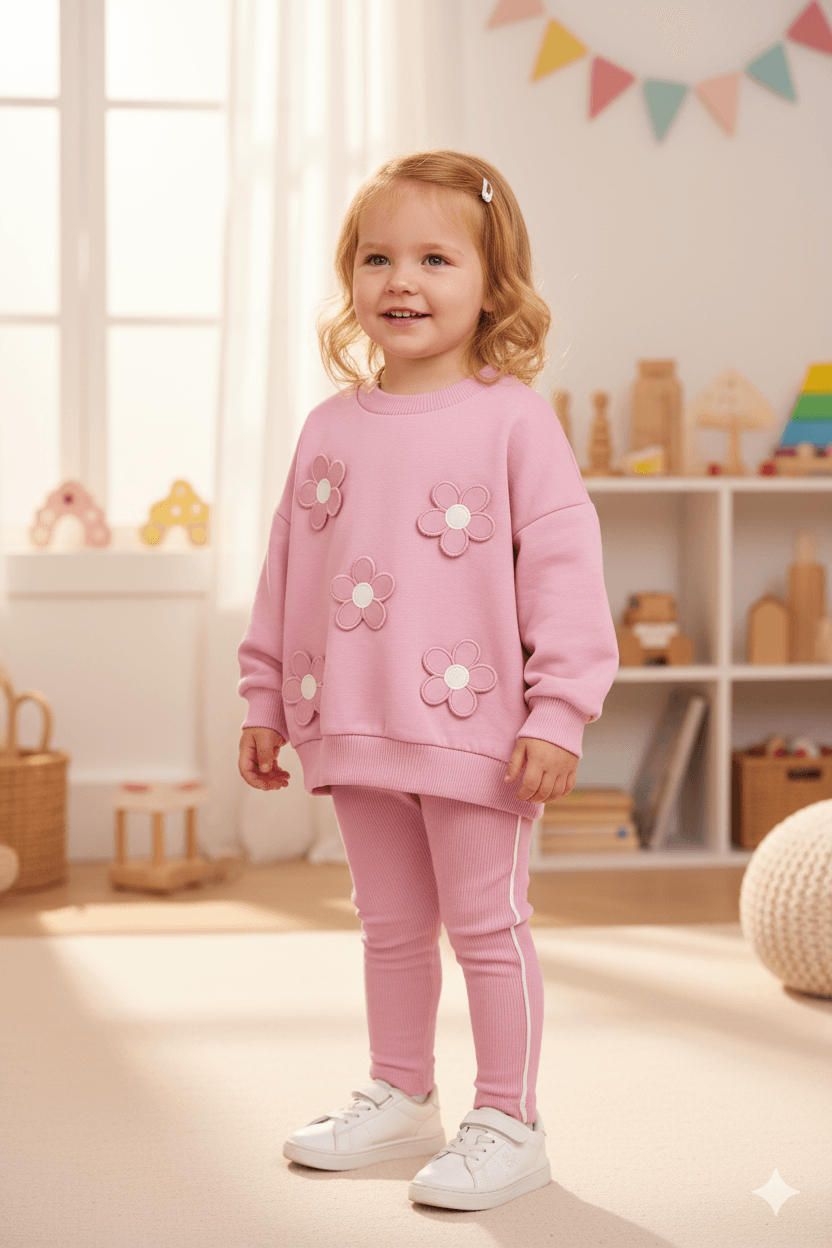 Kız Çocuk Pembe Çiçek Aplikeli Sweat & Tayt İkili Takım (1-6 Yaş)