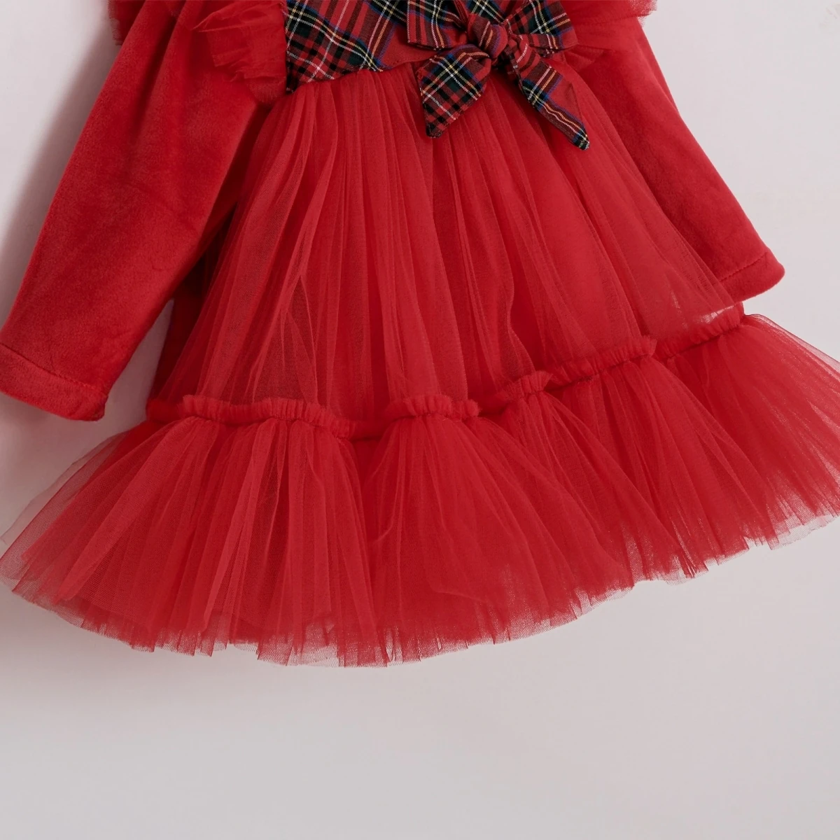 Scarlett Kırmızı Tüllü Ekose Detaylı Elbise