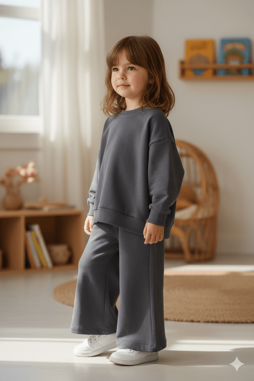 Kız Çocuk Antrasit  Sweatshirt & Flare Pantolon İkili Takım  ( 1-6 Yaş)
