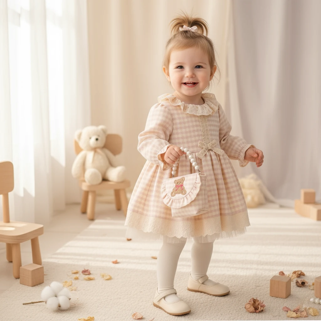 LAİLA- Ekose Desenli Bej Pembe Bebek Elbise ve Çanta Takımı