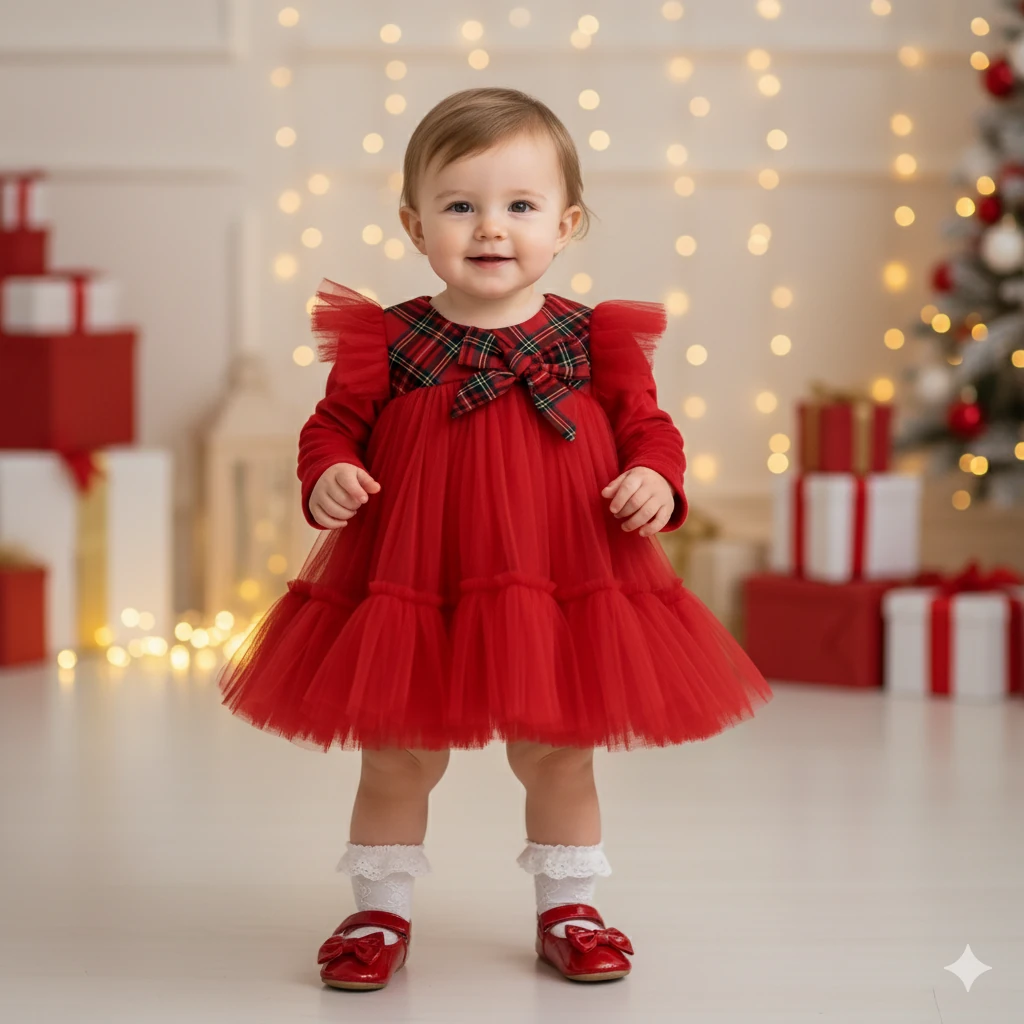 Scarlett Kırmızı Tüllü Ekose Detaylı Elbise