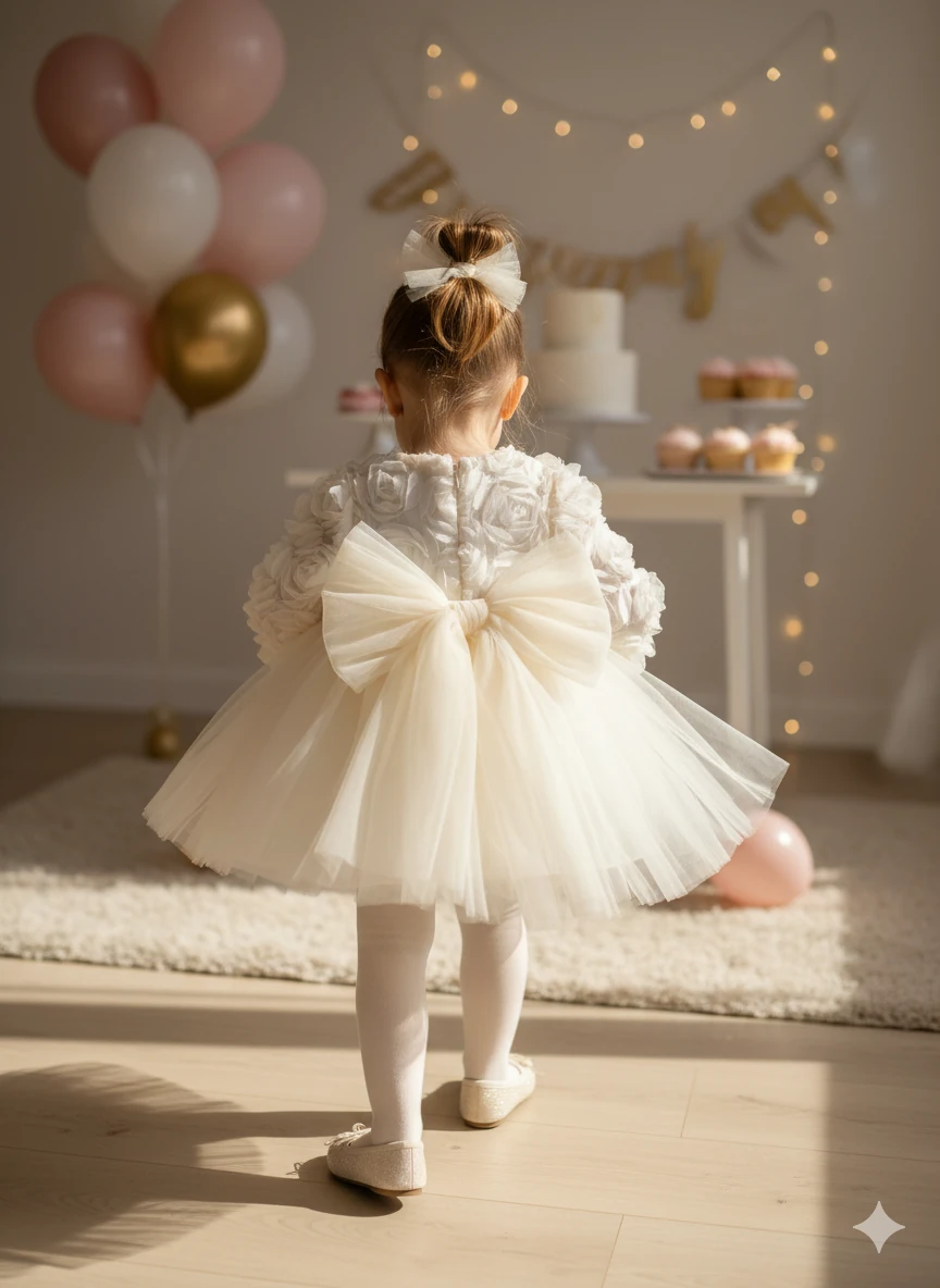 3 Boyutlu Gül Desenli Ekru Kız Bebek Elbisesi