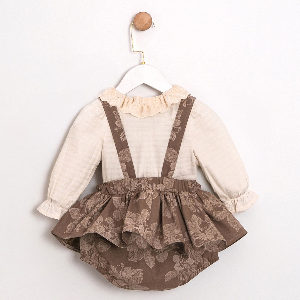 Kız Bebek 2’li Set: Dantel Yakalı Gömlek & Fiyonk Detaylı Kahverengi Romper
