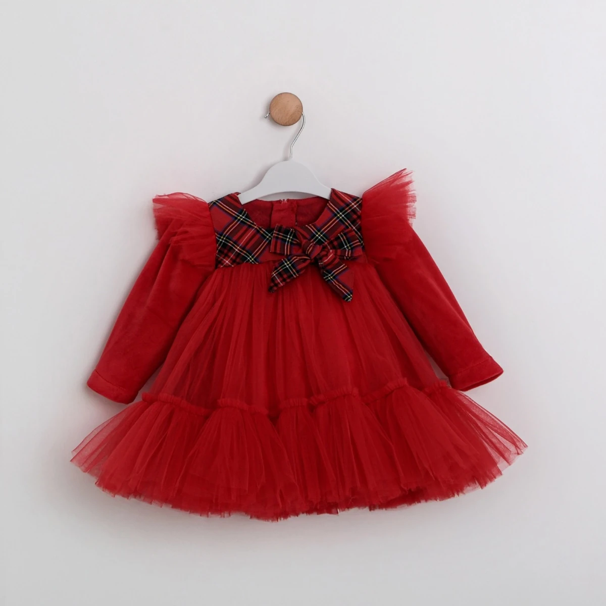 Scarlett Kırmızı Tüllü Ekose Detaylı Elbise