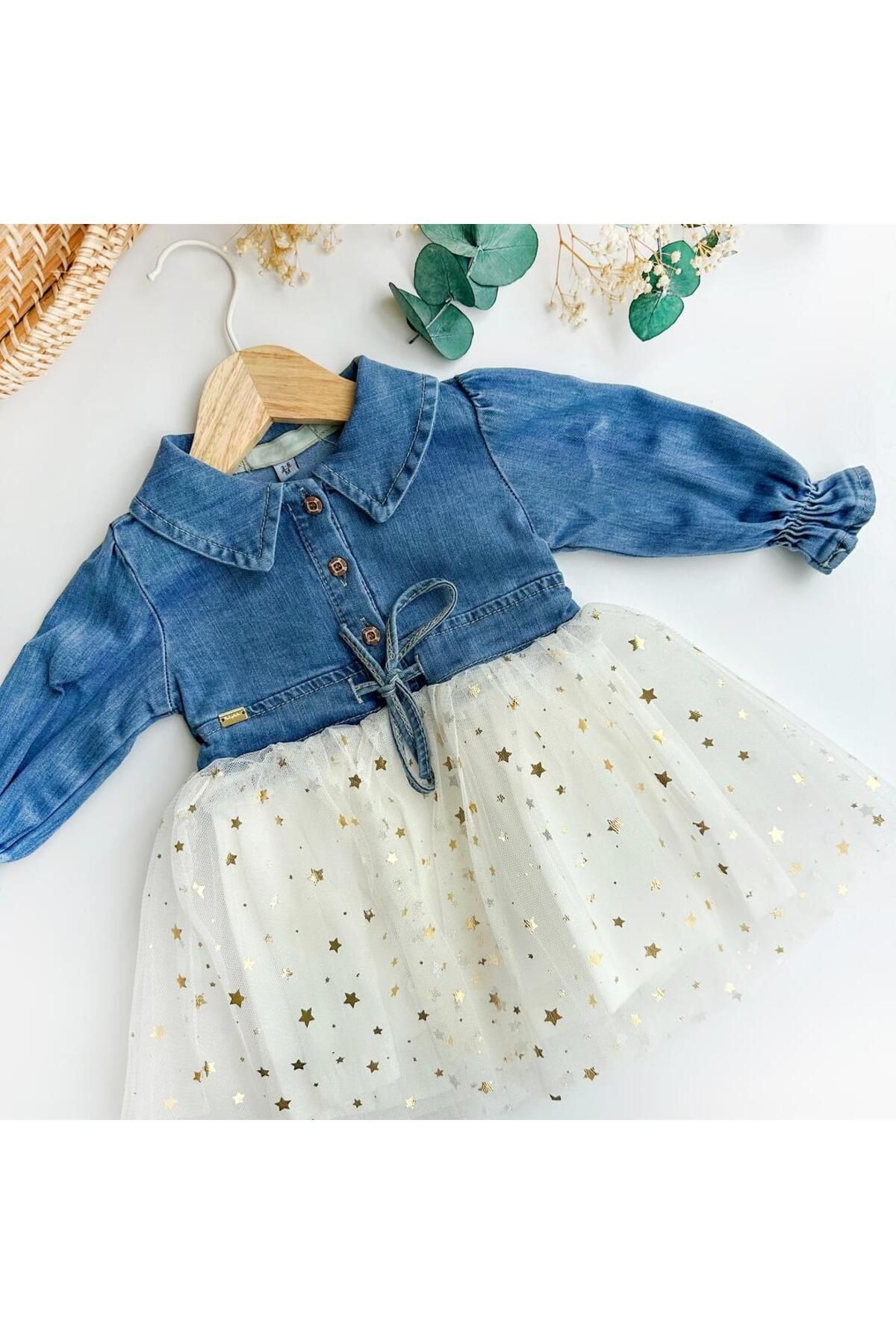 Üstü Denim, Altı Yıldızlı Tüllü Kız Bebek Elbisesi