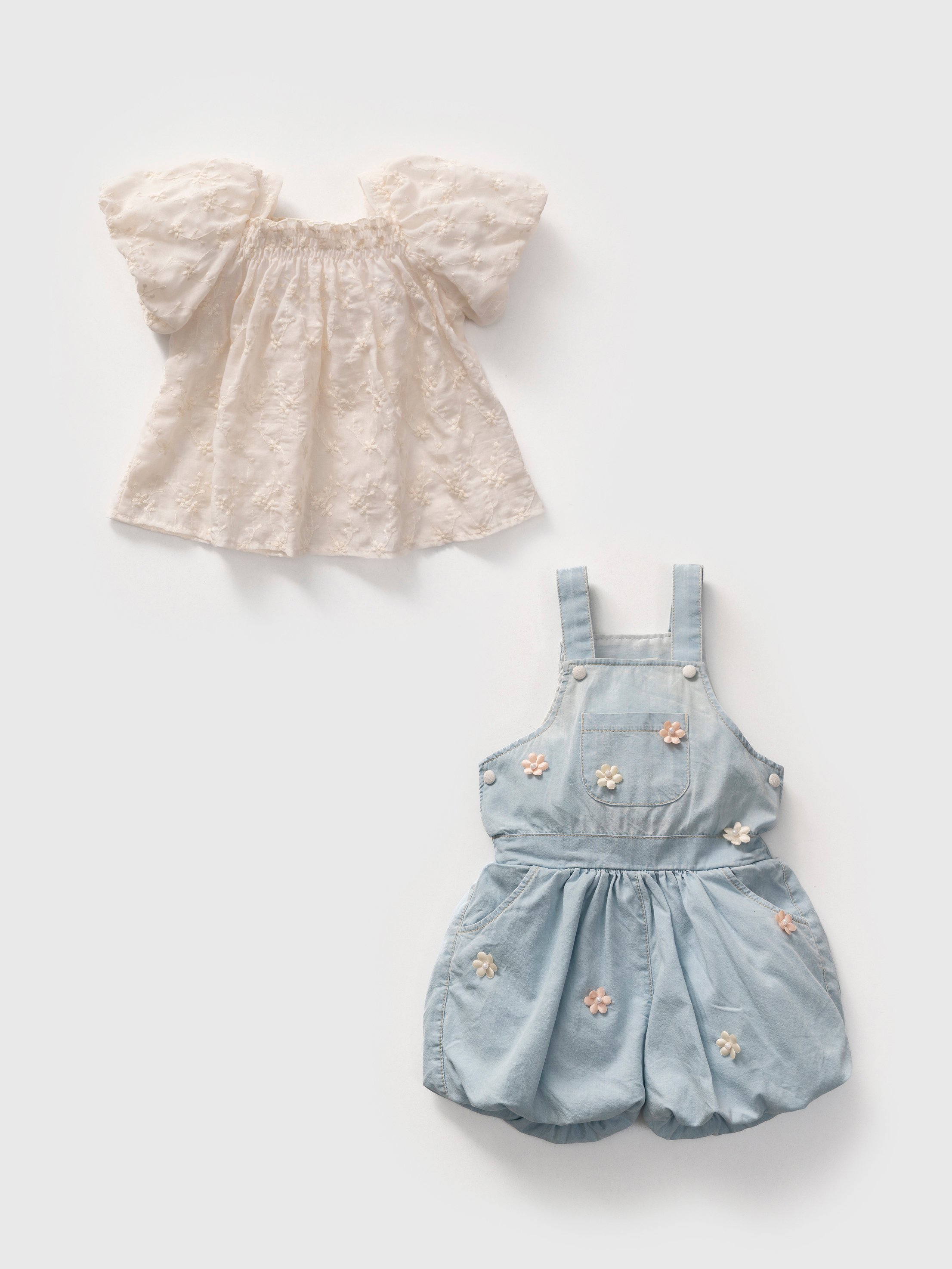 🌼 Nakışlı Bluz & Çiçek Aplikeli Tulum 2’li Kız Bebek Takımı 