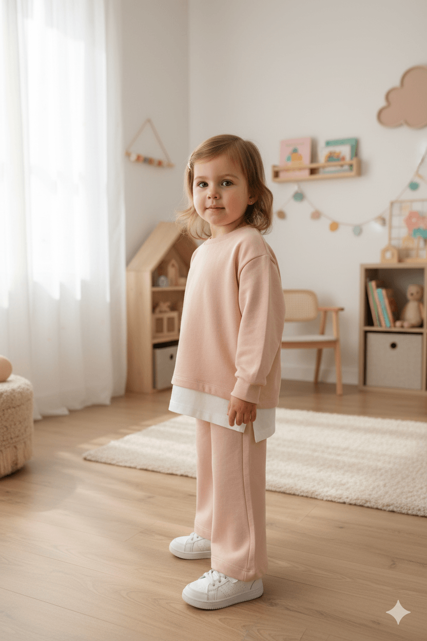 Pudra Rengi Oversize Sweat & Flare Pantolon Kız Çocuk İkili Takım (1-6 Yaş)