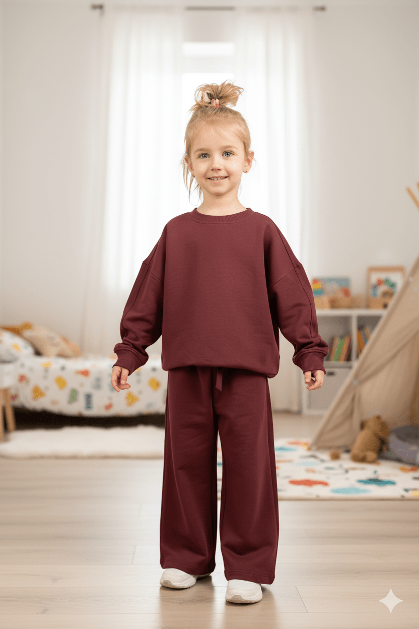 Kız Çocuk Bordo Eşofman Takımı – Wide Leg Bol Paça, Oversize Sweat (1-6 Yaş)
