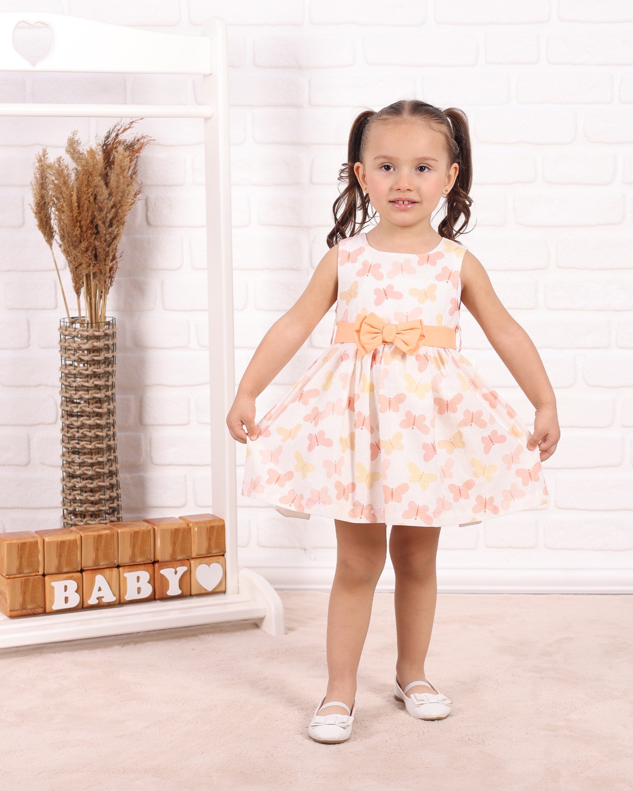Butterfly Fiyonk Detaylı Kız Çocuk Elbise-Kayısı