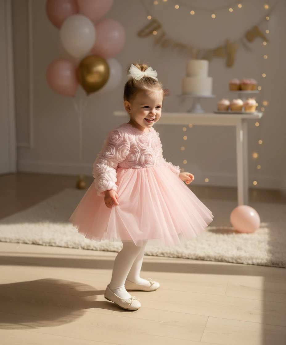 3 Boyutlu Gül Desenli Tütü Elbise - Soft Gül Kurusu 