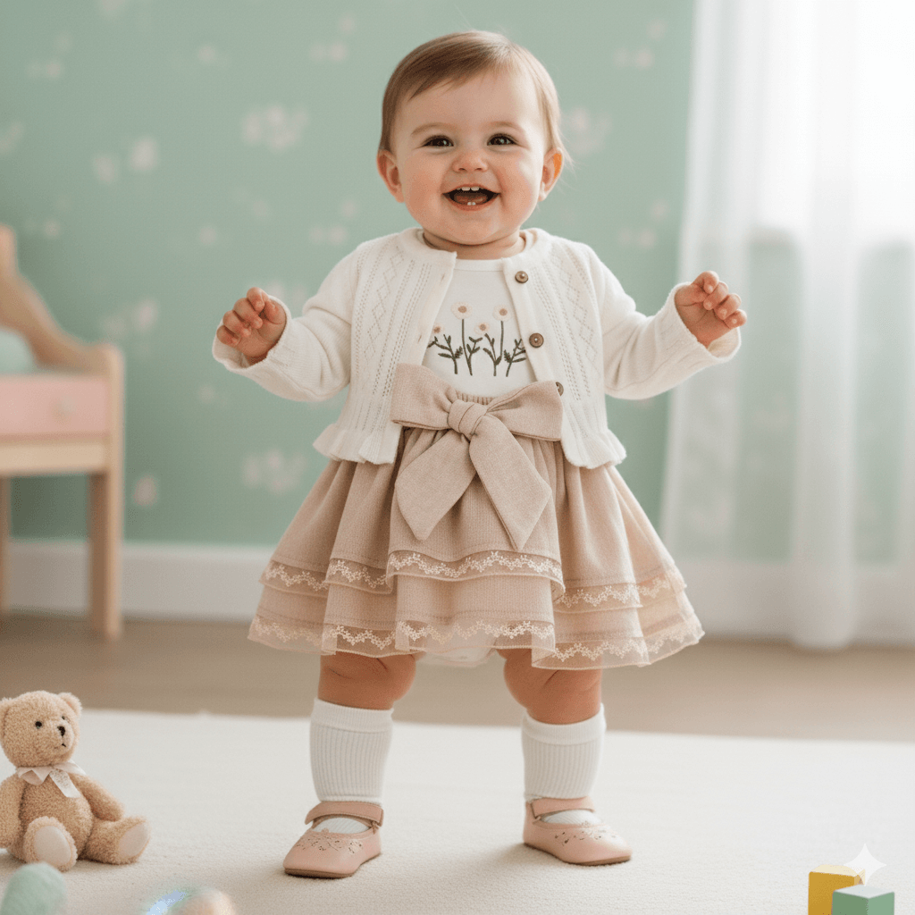 Kız Bebek 3’lü Set  Ajurlu Triko Hırka + Kolsuz Nakışlı T-Shirt + Dantel Kenarlı Kat Kat Şort-Etek (Fiyonk Detaylı)
