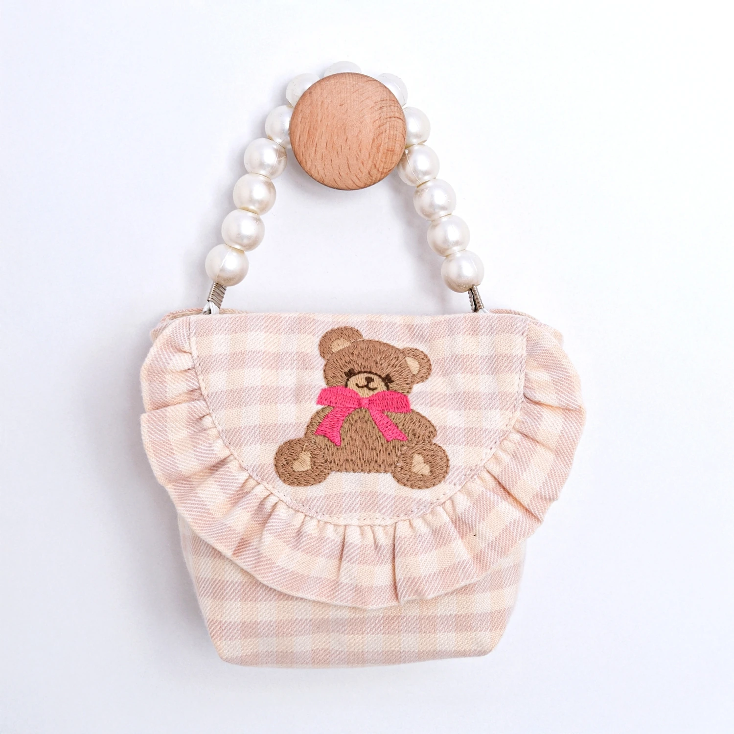 LAİLA- Ekose Desenli Bej Pembe Bebek Elbise ve Çanta Takımı