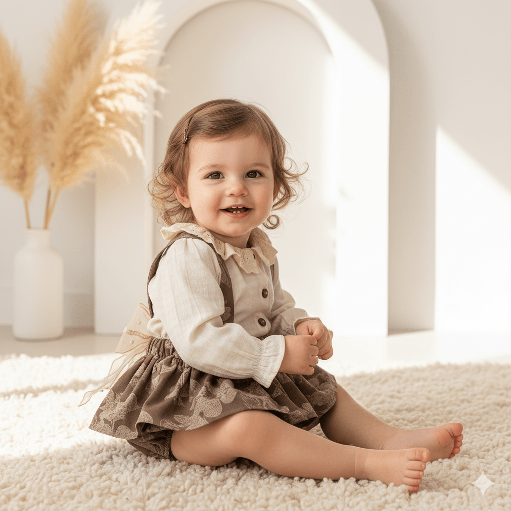 Kız Bebek 2’li Set: Dantel Yakalı Gömlek & Fiyonk Detaylı Kahverengi Romper