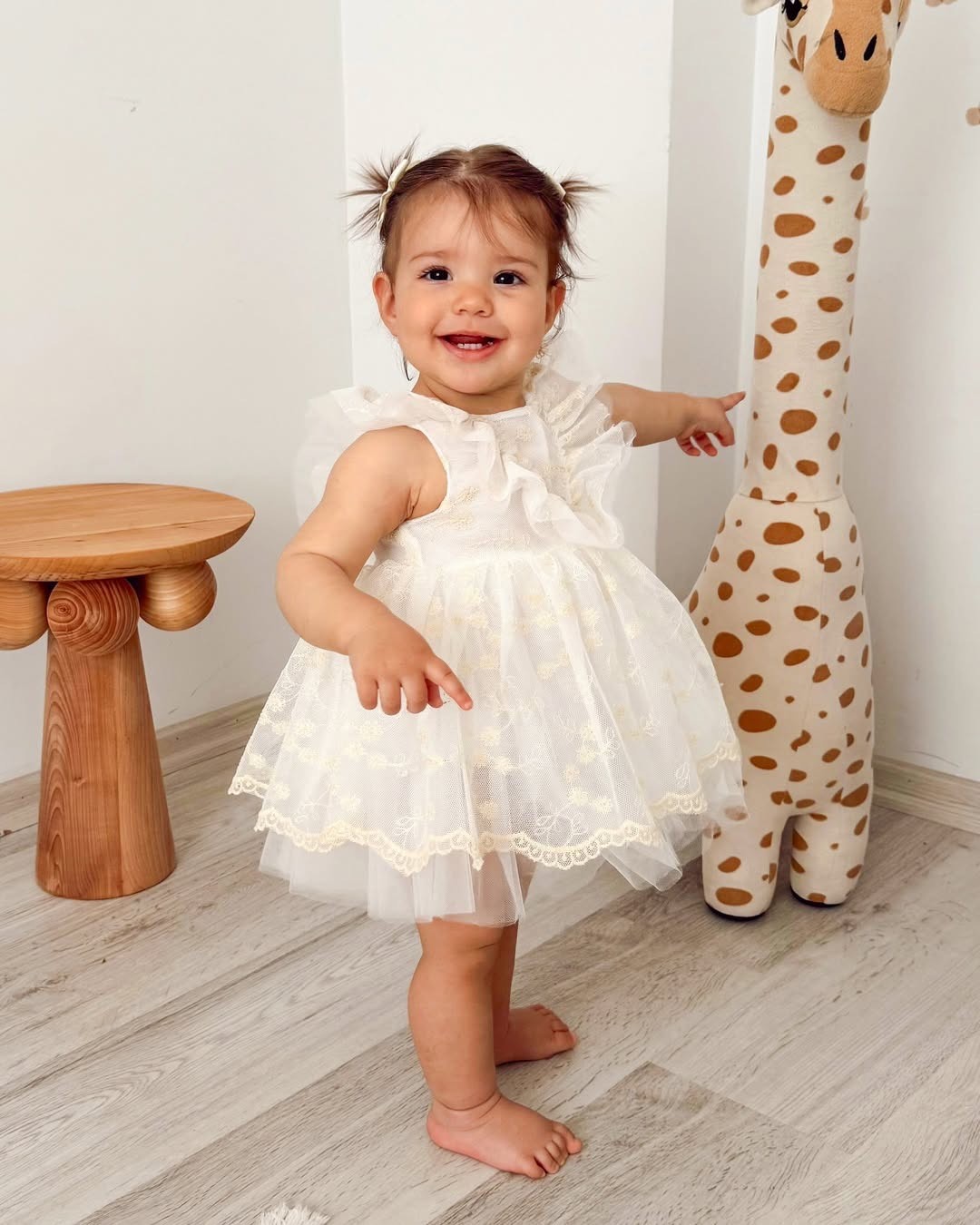 Krem Dantelli Tül Bebek Elbise ve Saç Bandı Takımı 3-6 Ay & 12-18 Ay Özel Gün, Doğum Günü