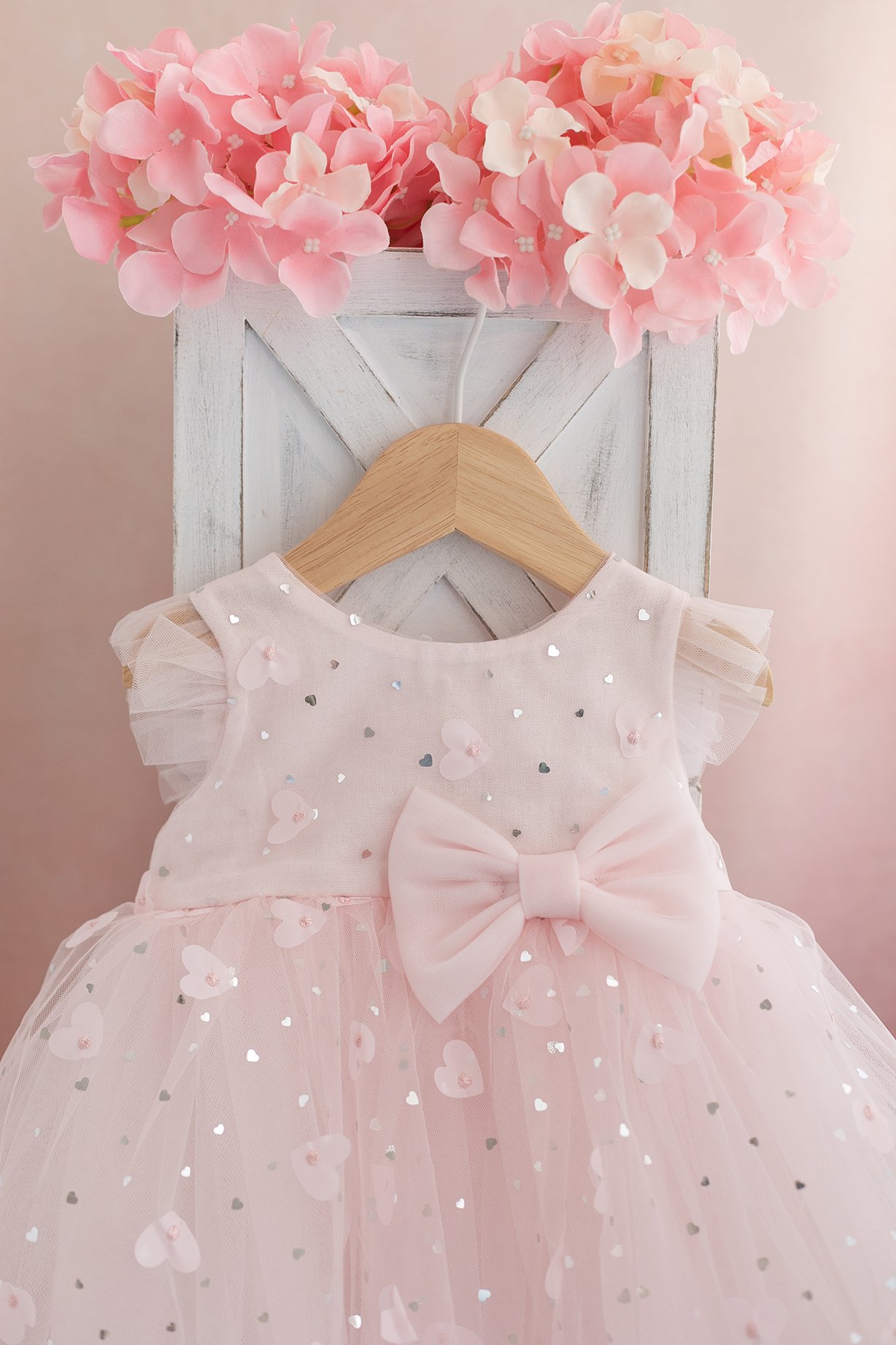 🎀 Shinny Pembe Tüllü Kalpli Kız Bebek Elbise Takımı (Varak Baskılı & Saç Bantlı) 🎀