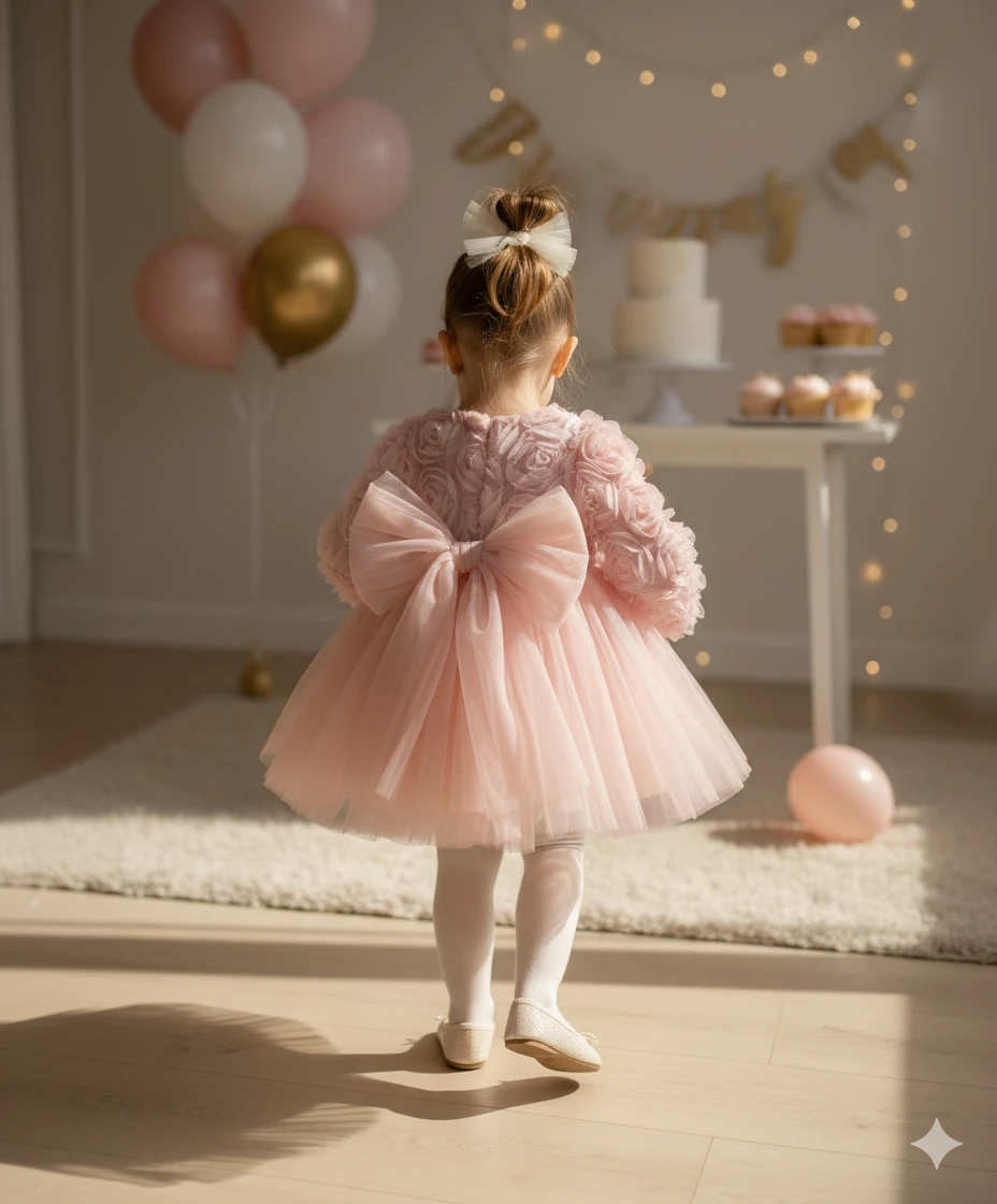 3 Boyutlu Gül Desenli Tütü Elbise - Soft Gül Kurusu 