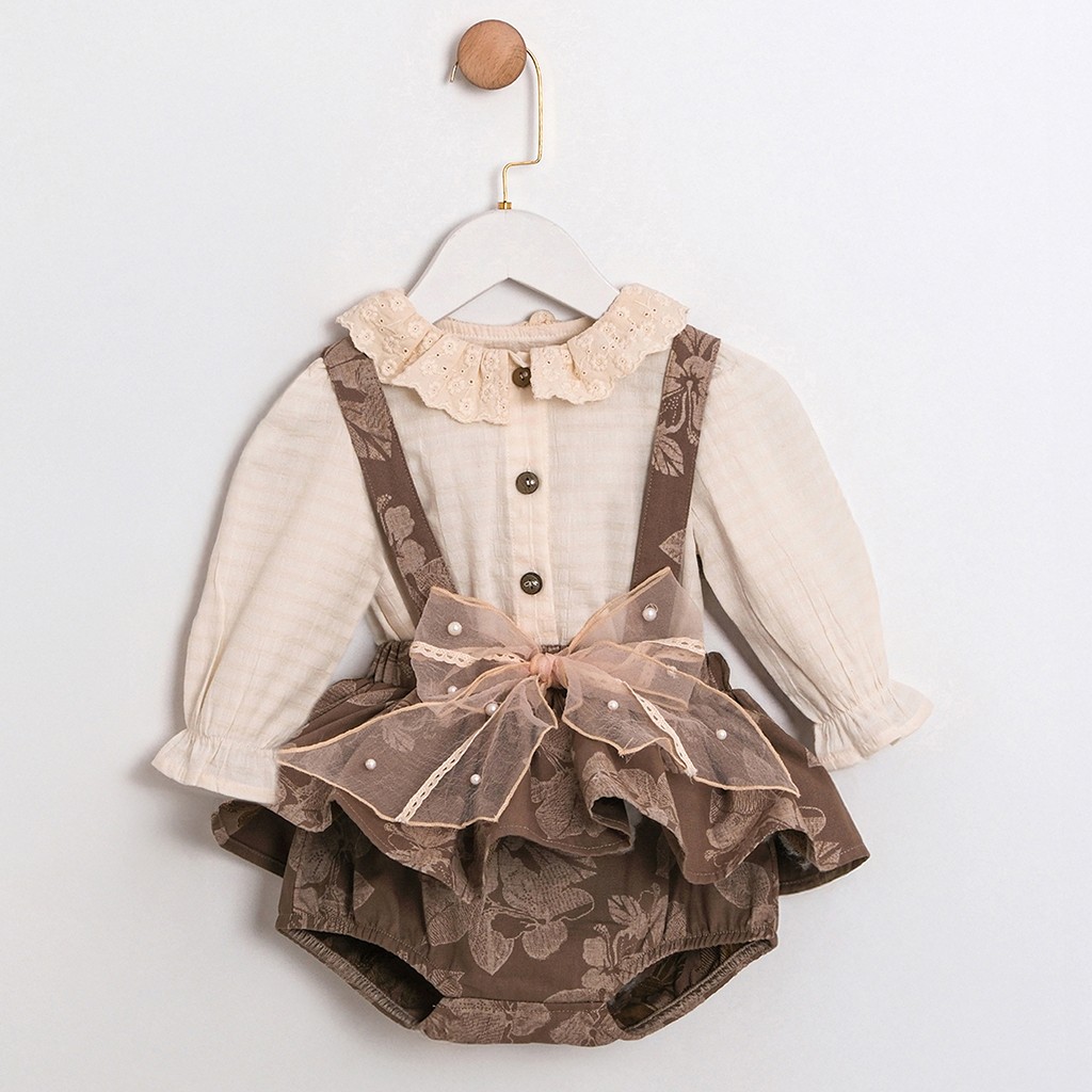 Kız Bebek 2’li Set: Dantel Yakalı Gömlek & Fiyonk Detaylı Kahverengi Romper