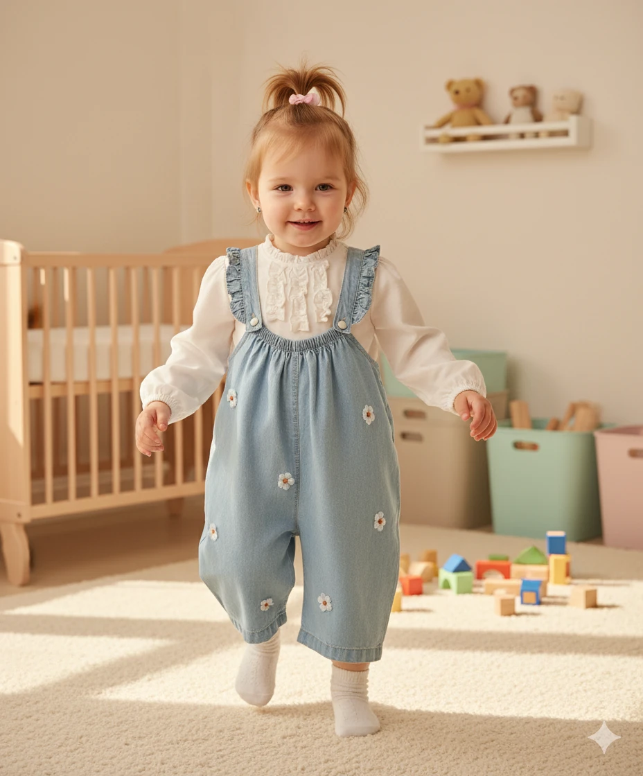 Açık Mavi Çiçek İşlemeli Kız Bebek Salopet Tulum ve Fırfırlı Bluz Takımı