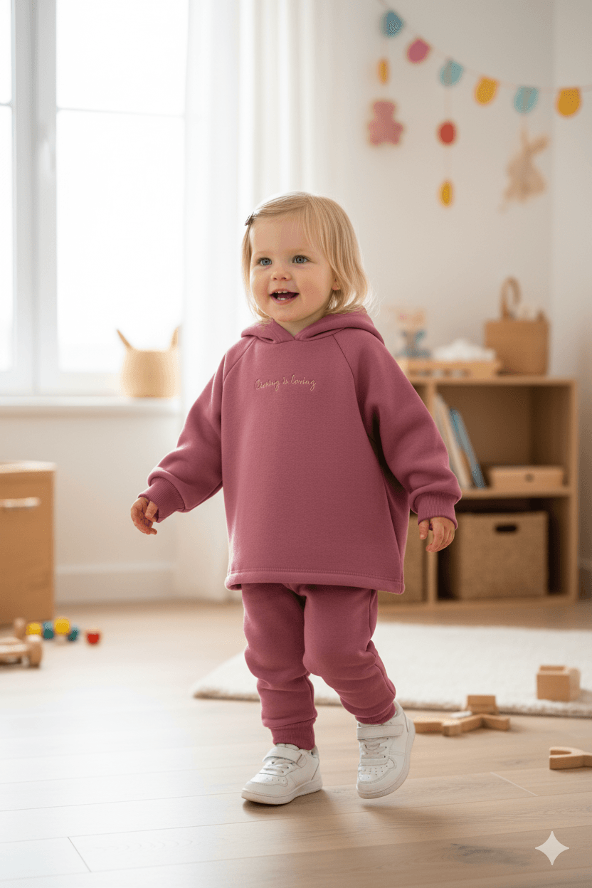 Kız Çocuk Gül Kurusu Şardonlu Kapüşonlu Sweatshirt & Jogger Pantolon İkili Takım (1-6 Yaş)