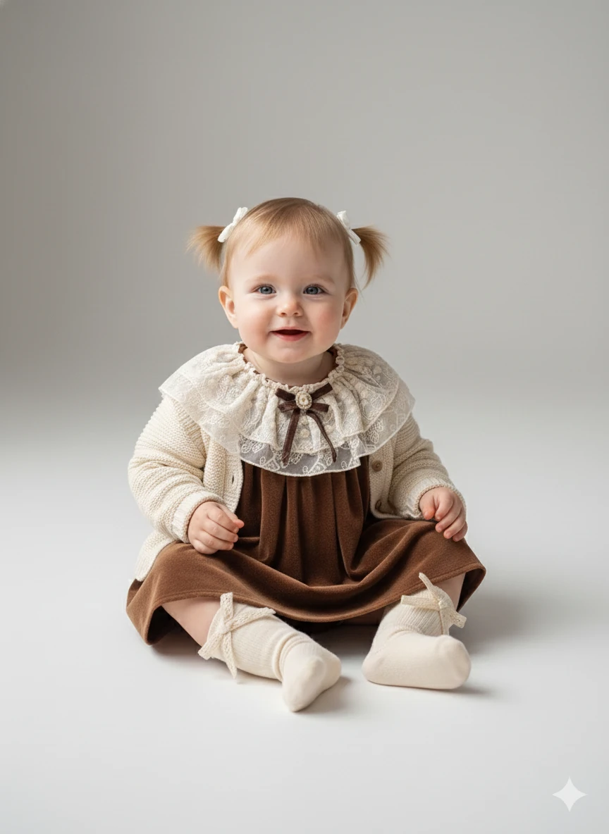 Kadife Elbise, Ajurlu Hırka ve Fiyonklu Çoraptan Oluşan 3’lü Bebek Kız Kombin Seti -3-6 Ay – Kutulu Özel Paket