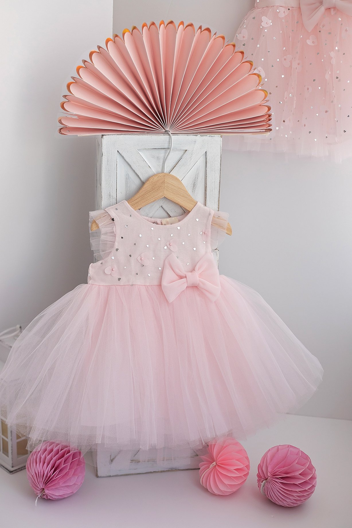👑 Prenses Pembe Tüllü Kız Bebek Elbise Takımı (Fiyonklu & Saç Bantlı) 👑