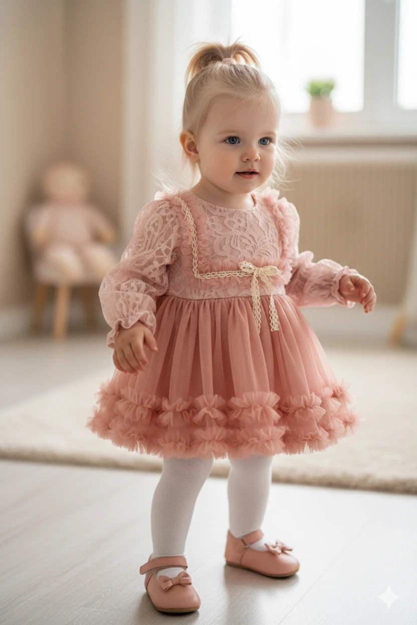 Bebek Kız Dantelli Tüllü Özel Gün Elbisesi- Soft Pembe