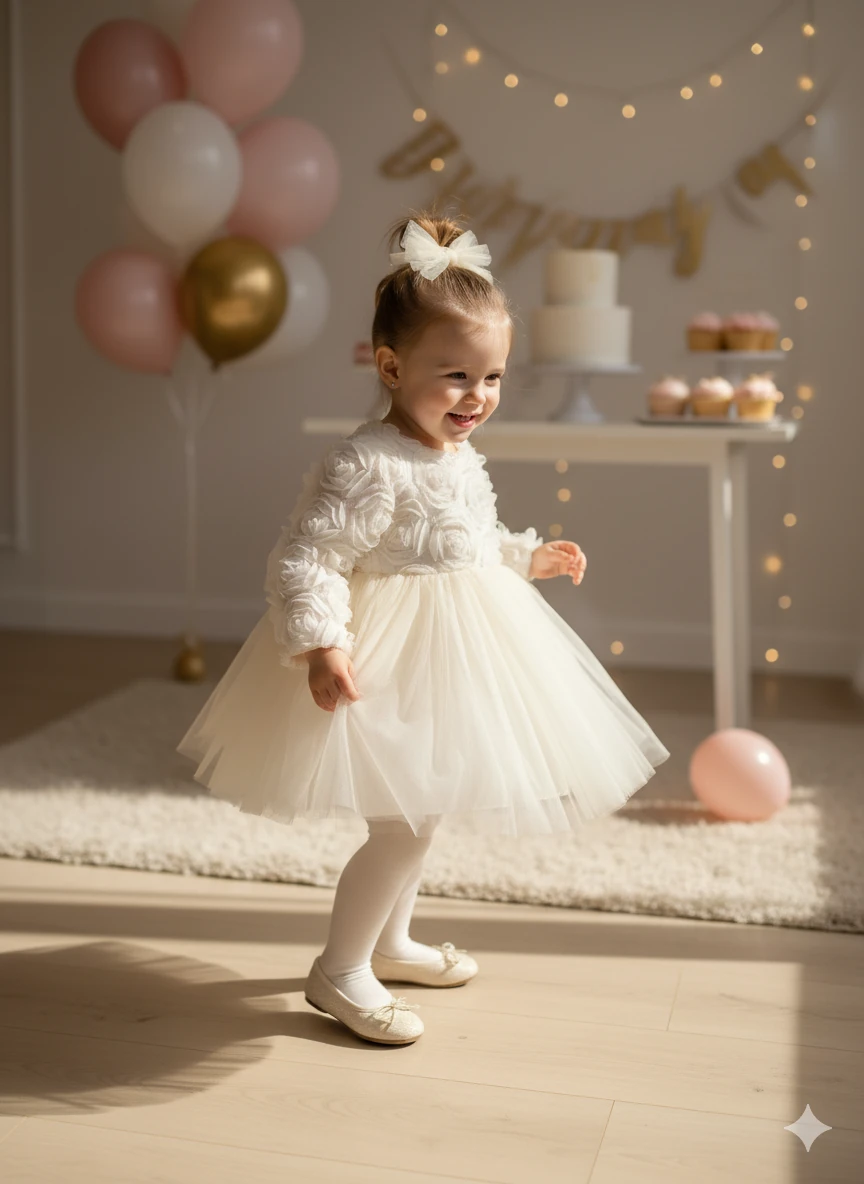 3 Boyutlu Gül Desenli Ekru Kız Bebek Elbisesi