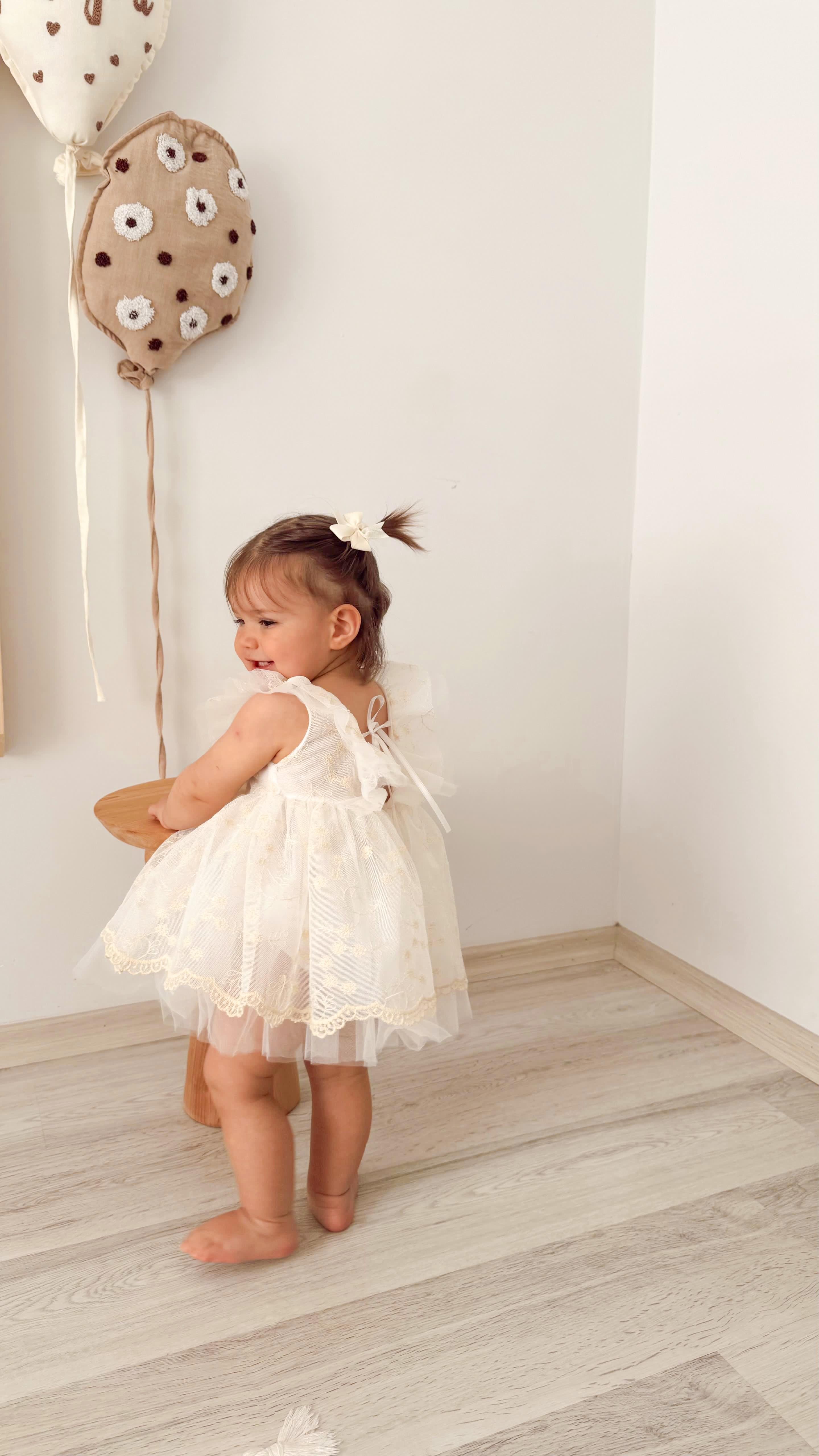 Krem Dantelli Tül Bebek Elbise ve Saç Bandı Takımı 3-6 Ay & 12-18 Ay Özel Gün, Doğum Günü