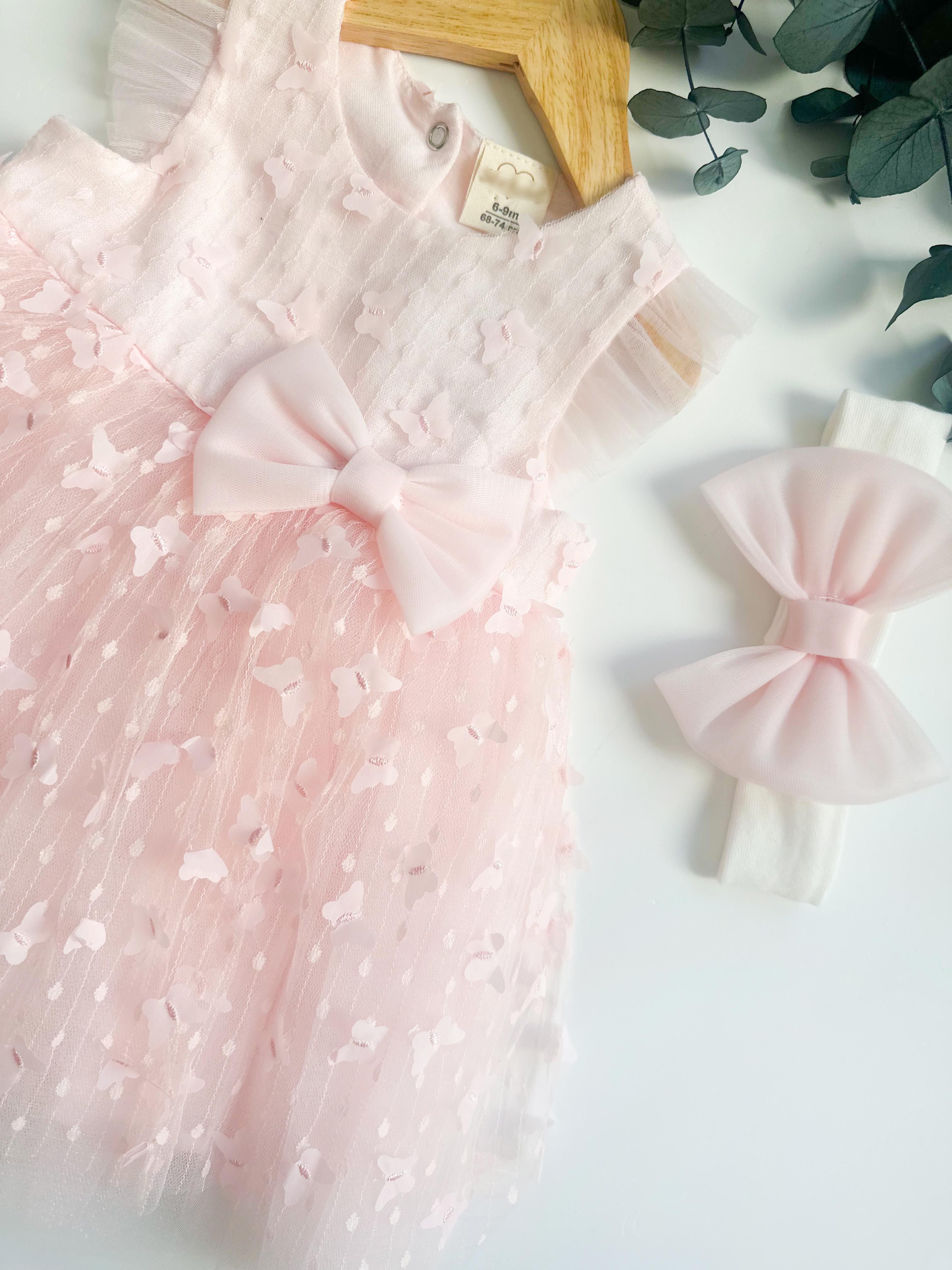 Pembe 3D Kelebek Desenli Tül Kız Bebek Elbisesi ve Bandana – %100 Pamuk Astar