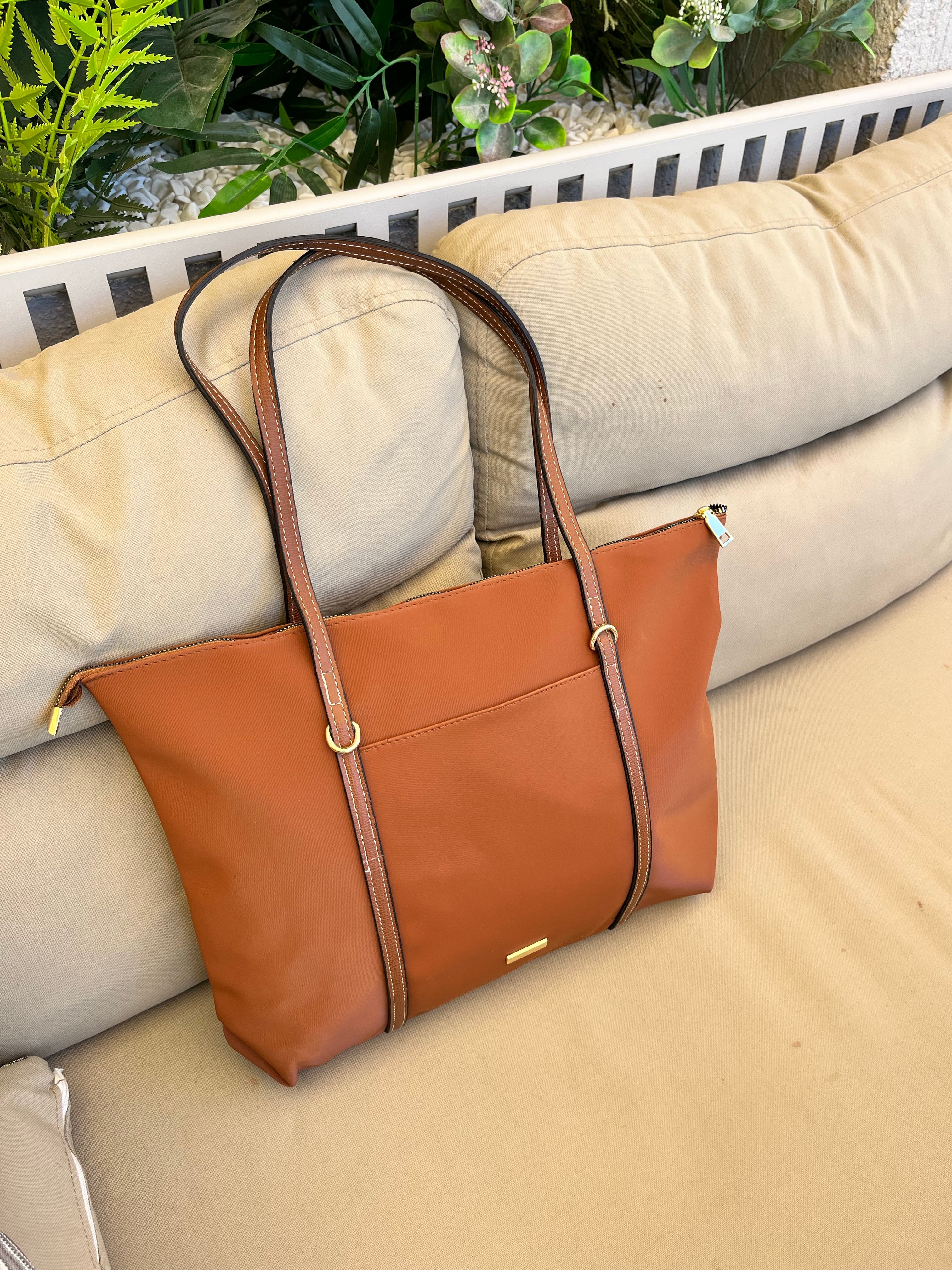 Mona|Şeritli Shopper Kadın Omuz Çantası - taba